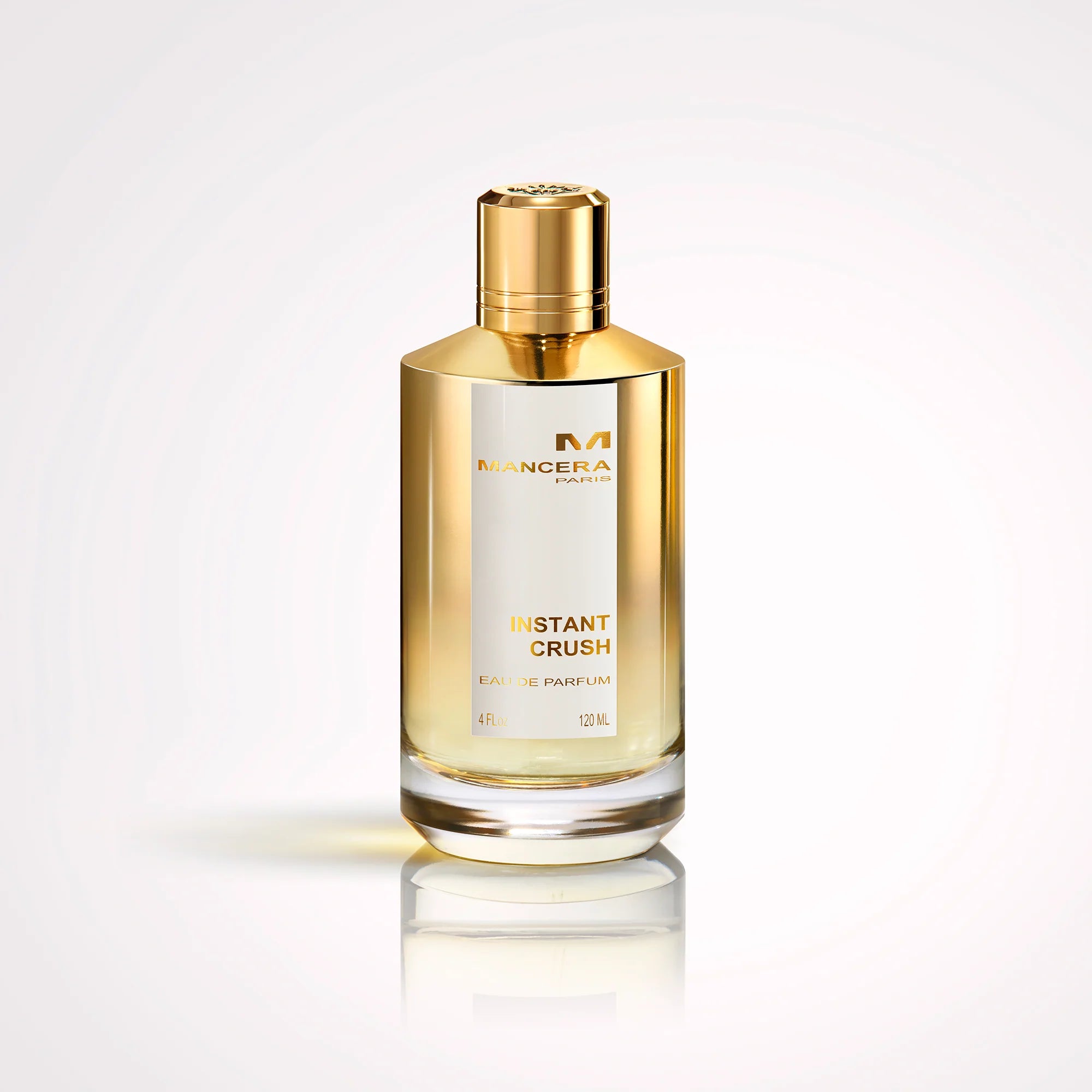 Sleek gold bottle of Mancera Instant Crush Perfume 120 ml on a white background, showcasing its premium unisex fragrance design.