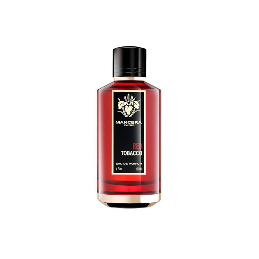 Mancera Red Tobacco Eau De Parfum 120ml bottle with red hue and black cap, a unisex fragrance with spicy and tobacco notes.