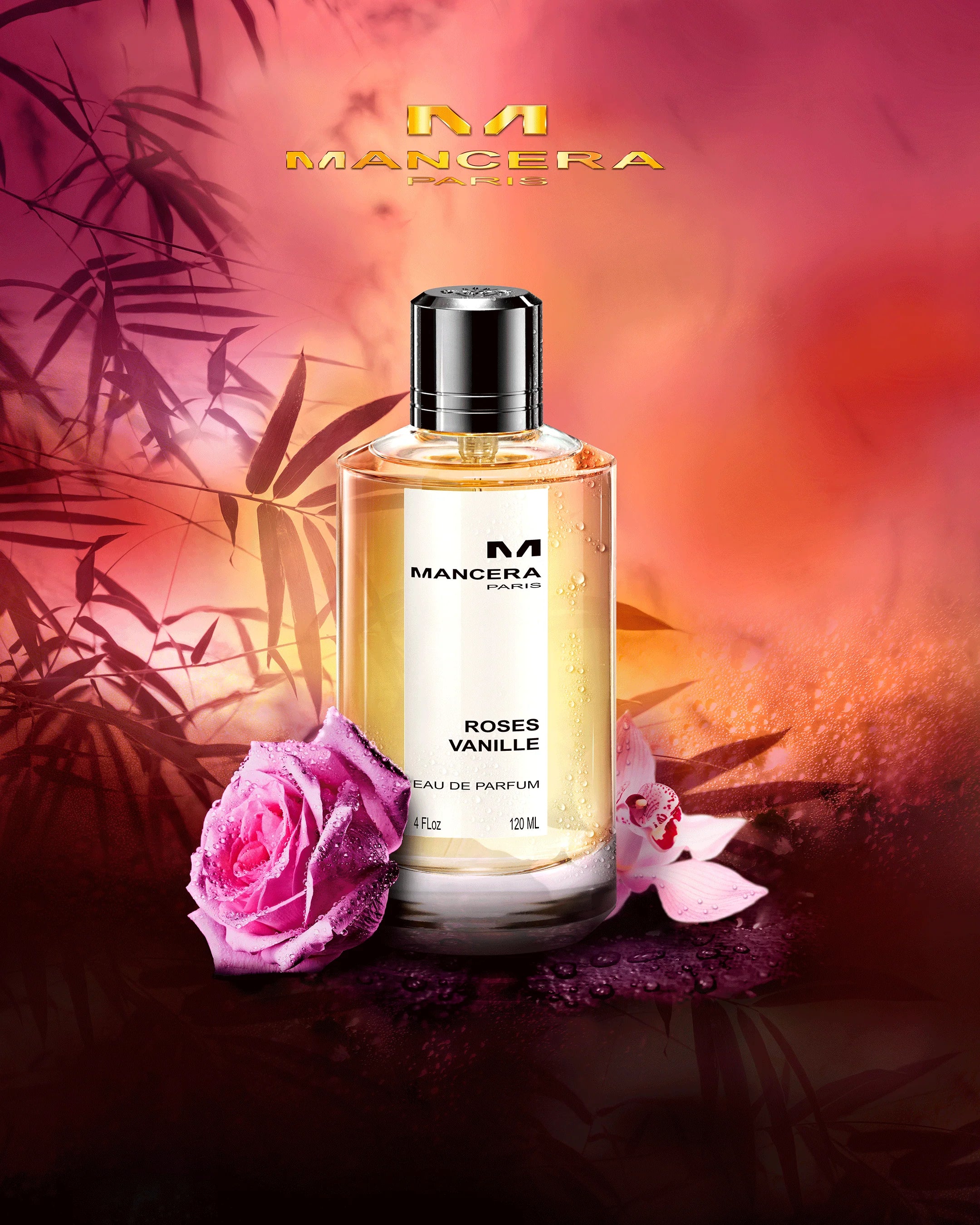 Mancera Roses Vanille Perfume 120 ml featured with roses and a vibrant background, representing its floral and oriental vanilla essence.