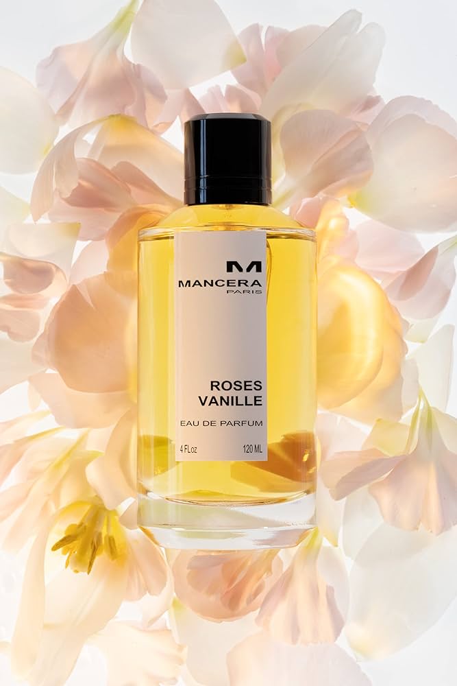 Mancera Roses Vanille Eau De Parfum 120 ml bottle displayed over soft floral background, highlighting its rose and vanilla scent profile.