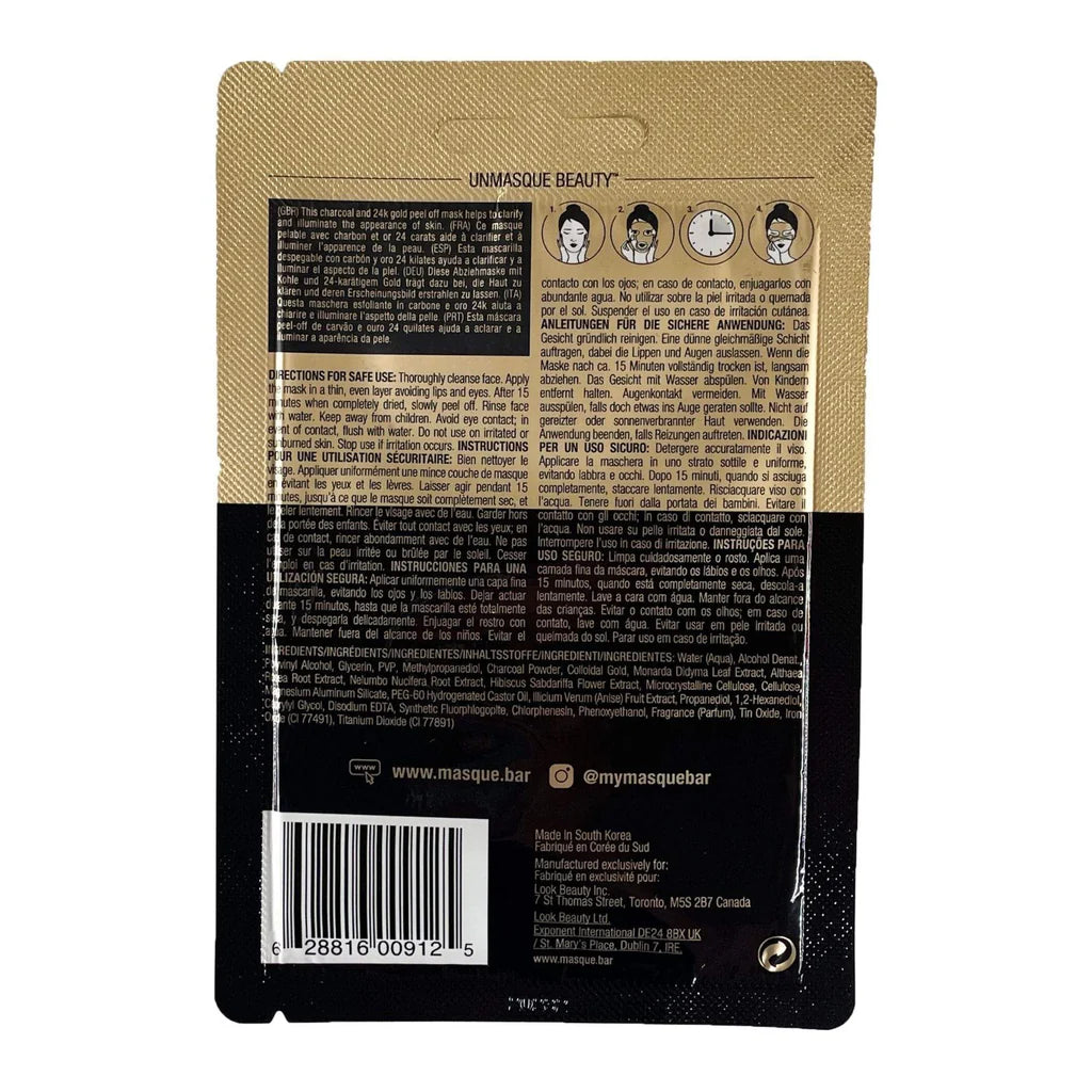Back of Masque Bar Black Gold Peel-Off Mask packaging with directions, ingredients, and usage instructions for facial skincare treatment.