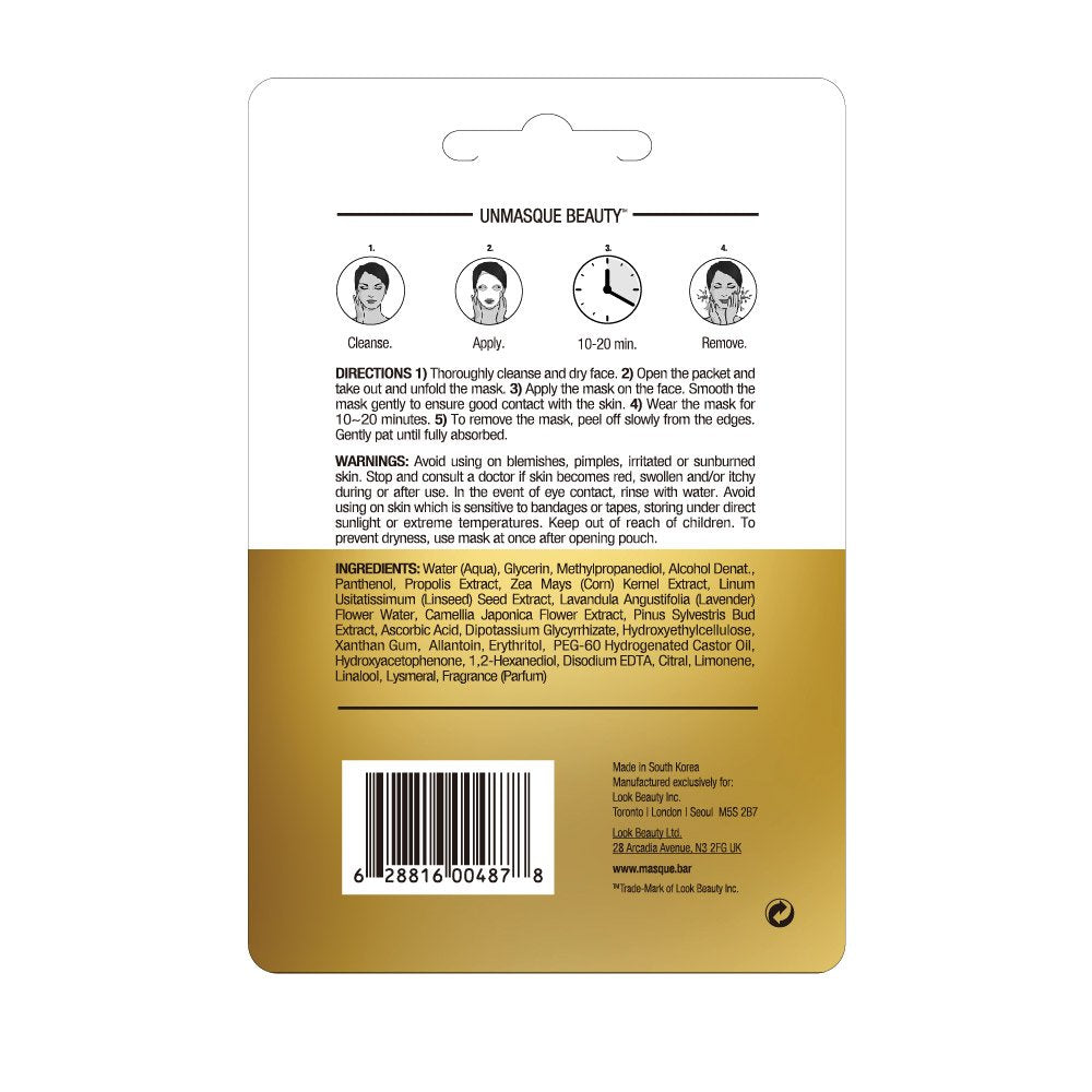 Back of Masque Bar Gold Foil Sheet Mask packaging showing ingredients like Propolis and Lavender, and usage instructions for glowing skin.