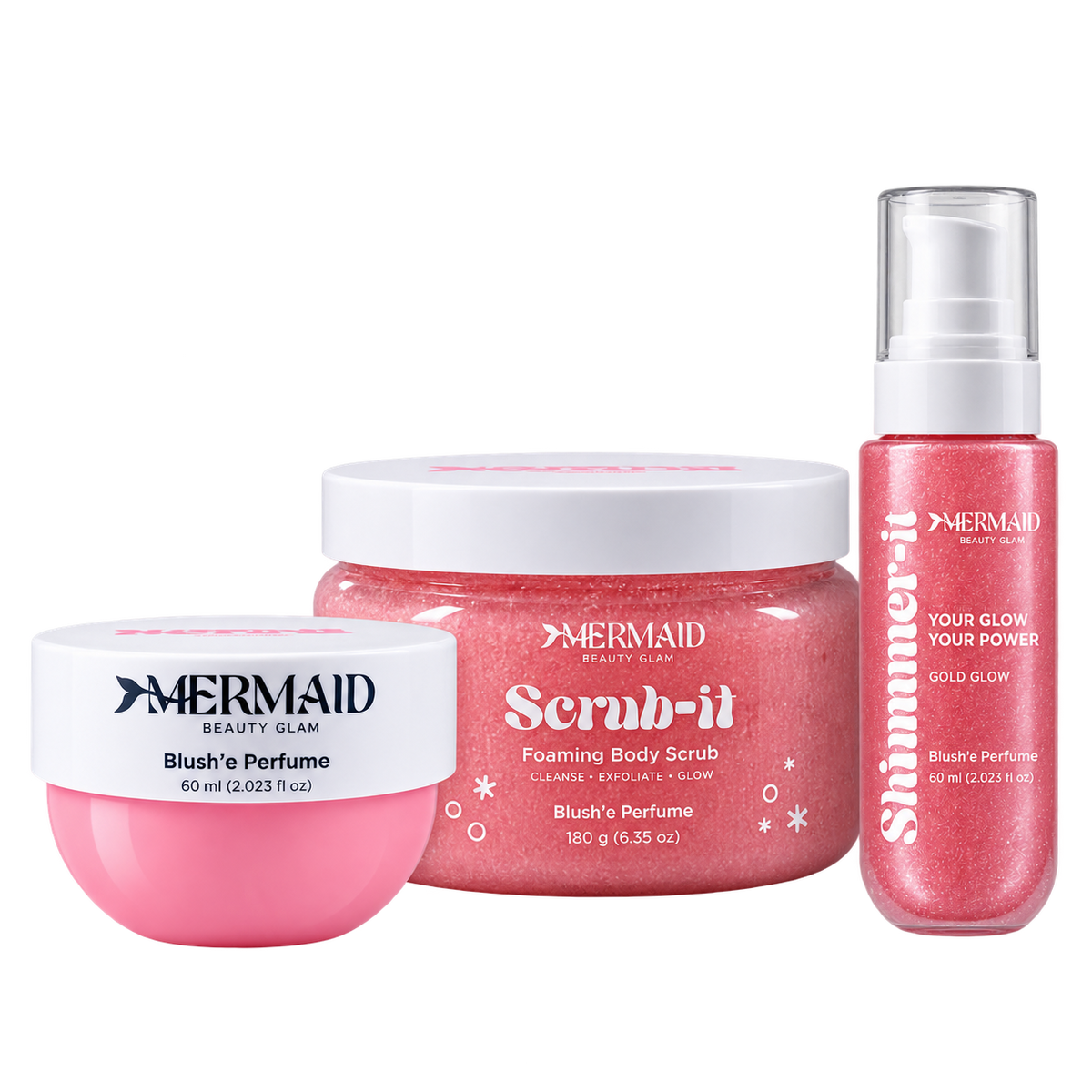 Close-up of Mermaid foaming body scrub, pink container with white lid, designed for exfoliating and glowing skin