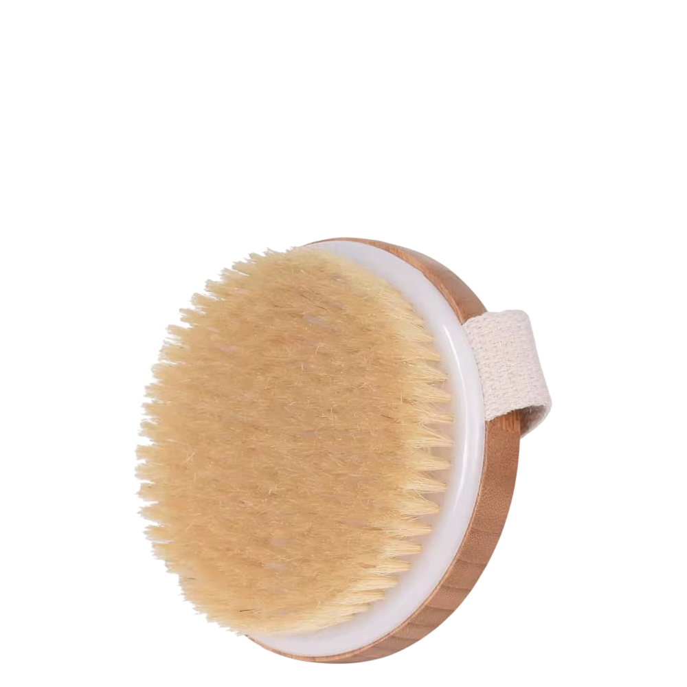 Mermaid Dry Brush for stretch marks care with natural bristles and ergonomic strap, ideal for cellulite treatment and skin exfoliation.