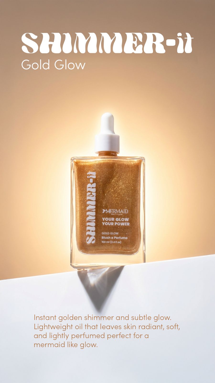 Mermaid Pink Oil - Shimmering Body Oil in Gold Glow with radiant golden shimmer, lightweight formula in 100 ml bottle for glowing skin.