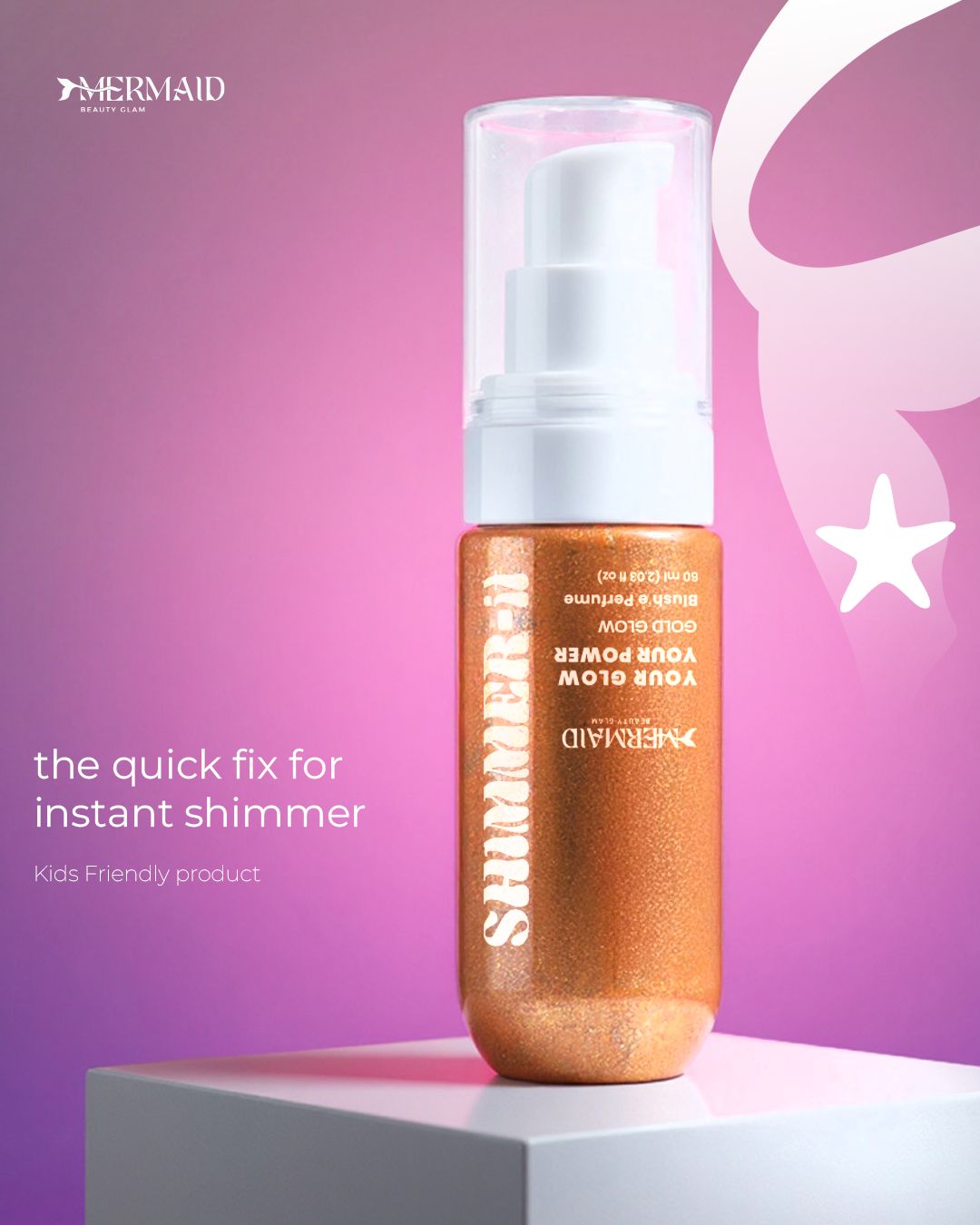 Mermaid Pink Oil - Shimmering Body Oil in compact pump bottle, kid-friendly formula with instant shimmer and Blushe perfume scent.