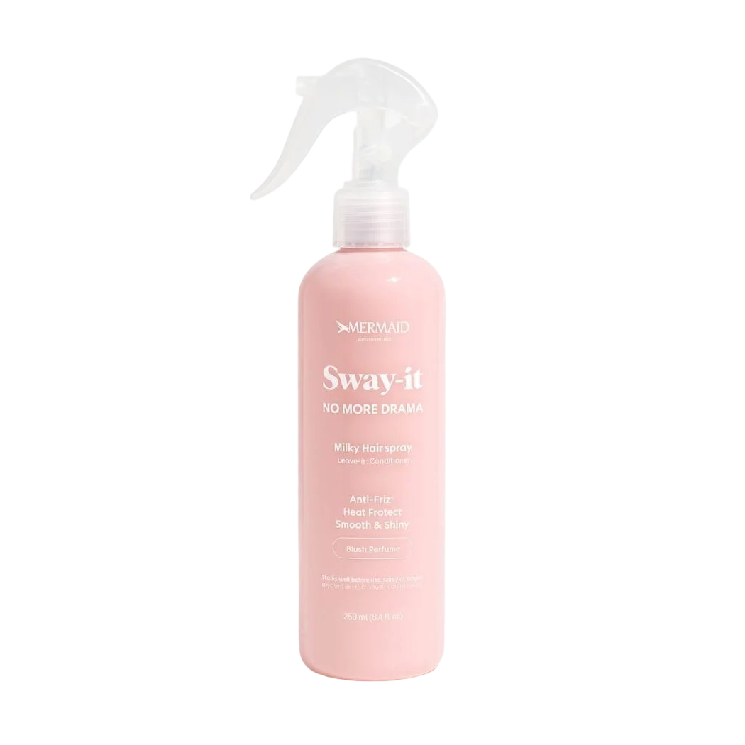 Mermaid Sway-it Milky Hairspray Leave-in Conditioner 250ml in pink bottle with spray nozzle for frizz control, heat protection, and shine.