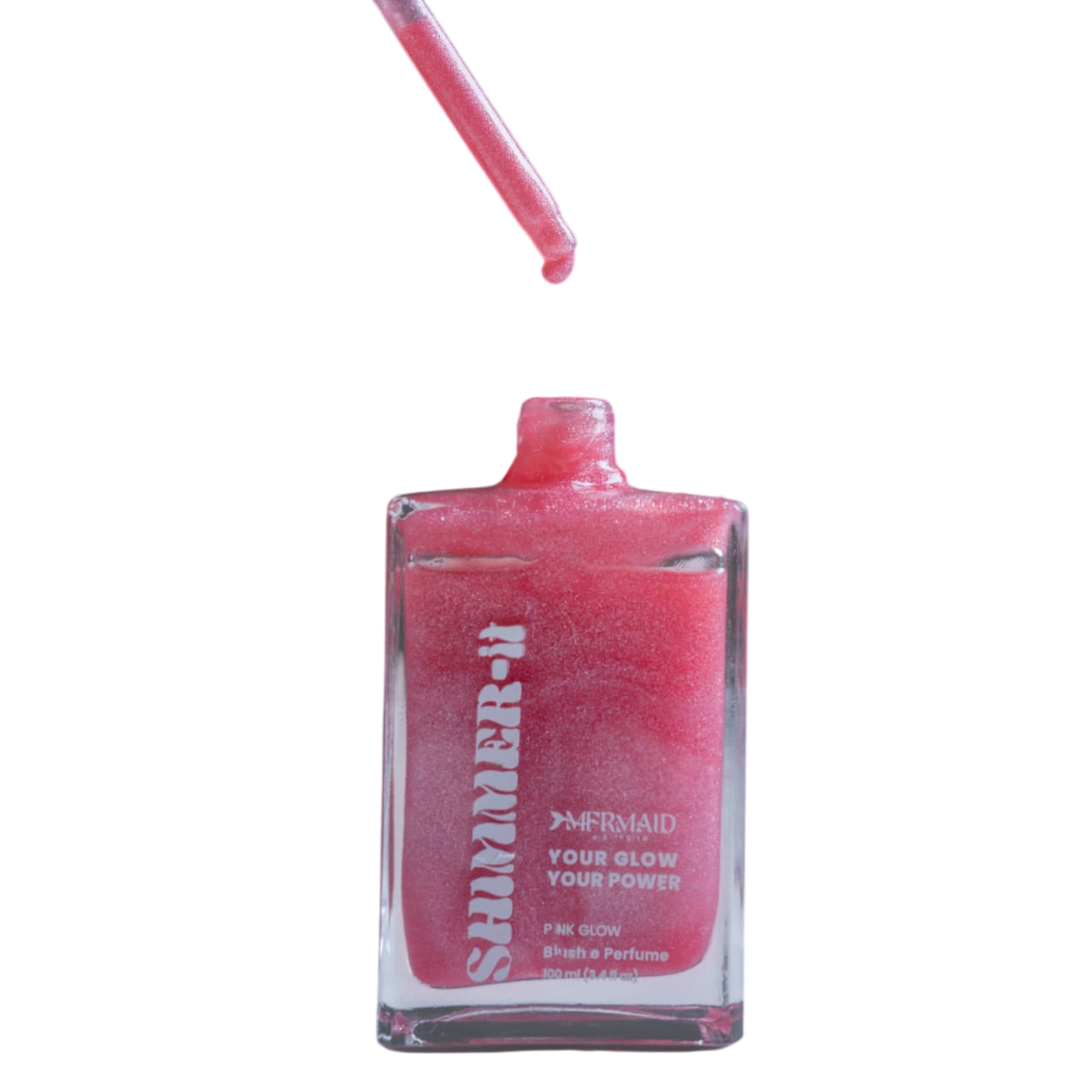Mermaid Pink Oil - Shimmering Body Oil with dropper applicator in a clear glass bottle. Lightweight formula adds glow and radiance to dry skin.