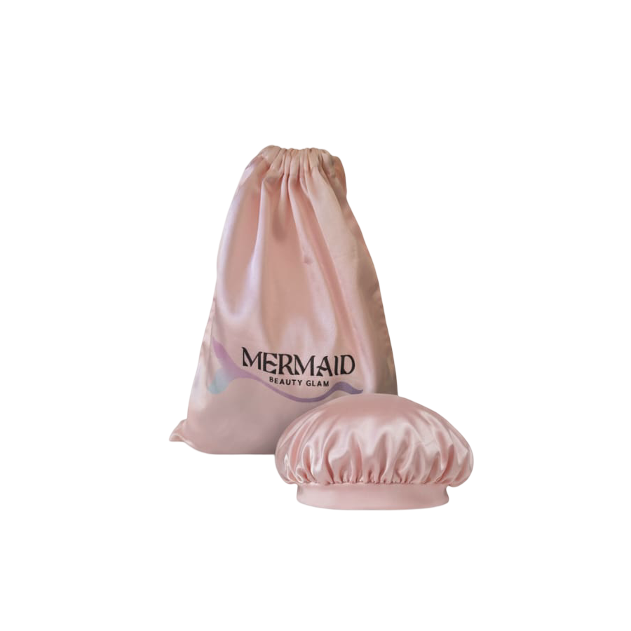Mermaid Satin Hair Cap for Sleep in pink with matching storage bag, ideal for frizz-free hair and moisture retention overnight.