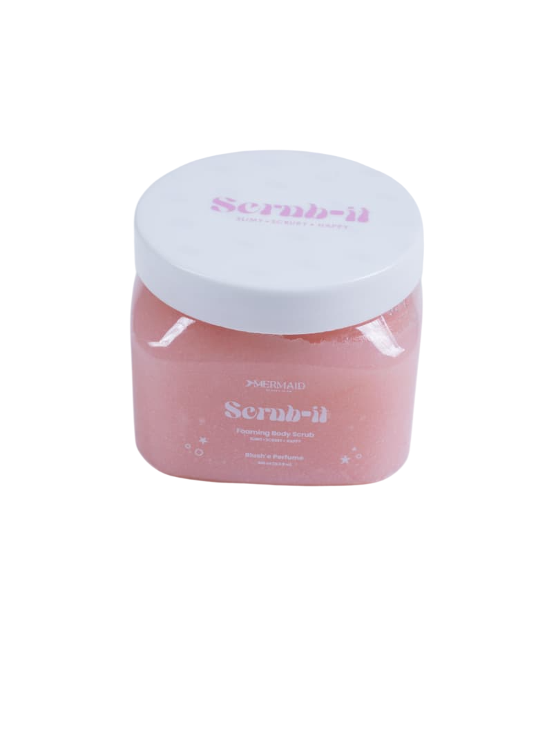 Top view of Mermaid Foaming Body Scrub jar with white lid, designed for gentle exfoliation and radiant skin care results.