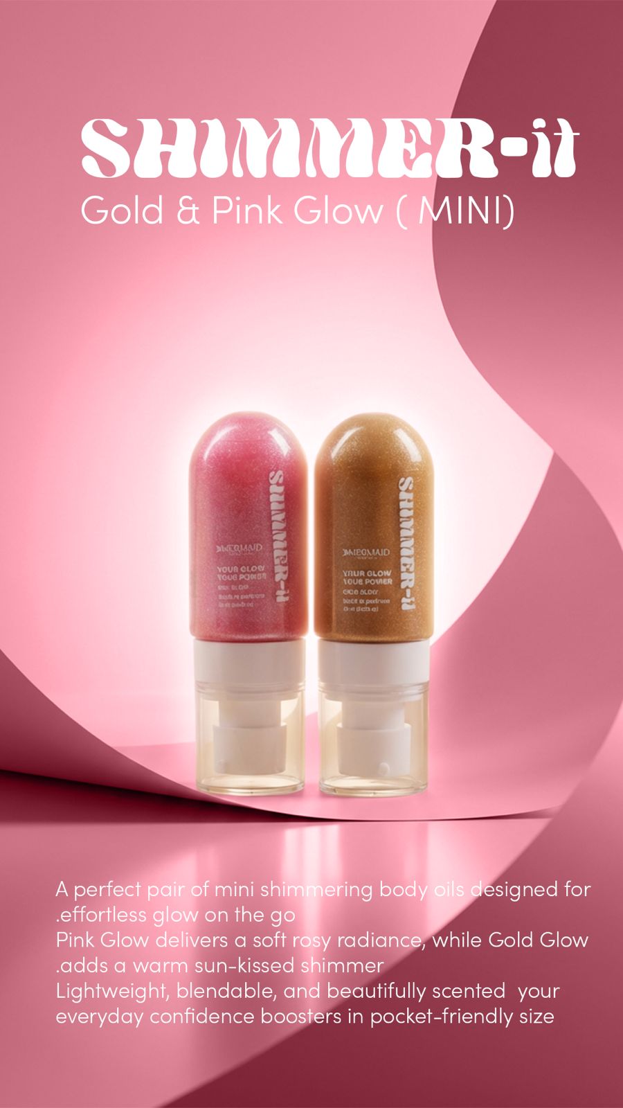 Mermaid Pink Oil - Shimmering Body Oil mini duo in Gold & Pink Glow, pocket-size moisturizers for sun-kissed shimmer and soft skin.