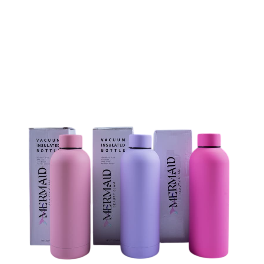 Eco-friendly 500ml Mermaid vacuum water bottles in pink, purple, and magenta with packaging, ideal for daily hydration and workouts.