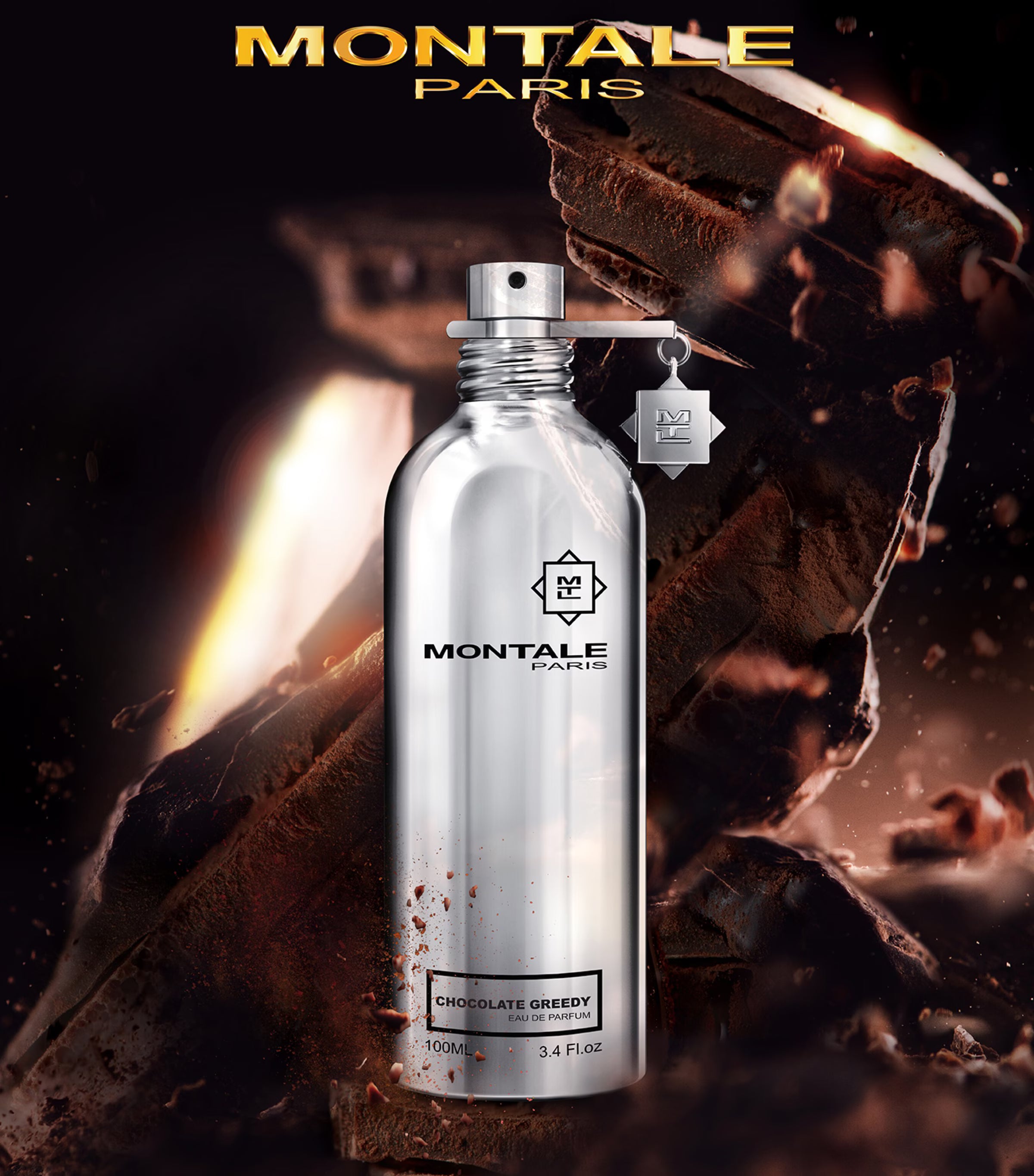Montale Chocolate Greedy Perfume 100ml showcased with chocolate elements, highlighting its rich oriental vanilla scent.