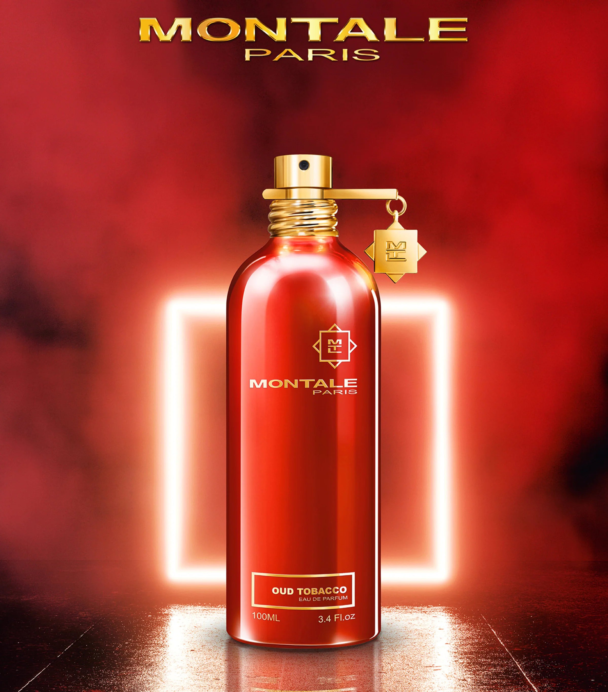 Montale Oud Perfume 100 ml in a glowing red and gold-themed background, highlighting its luxurious tobacco and citrus fragrance blend.