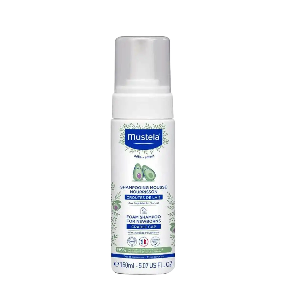 Mustela Baby Foam Shampoo 150ml for newborns with cradle cap, gentle cleansing formula for fine hair and sensitive scalp care.
