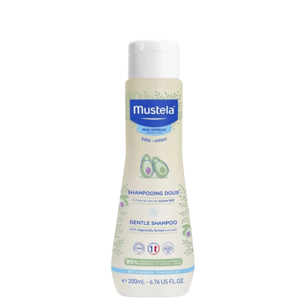 Mustela Gentle Shampoo 200 ml for babies with fine hair, enriched with organic avocado, ideal for daily use on sensitive scalp and hair.