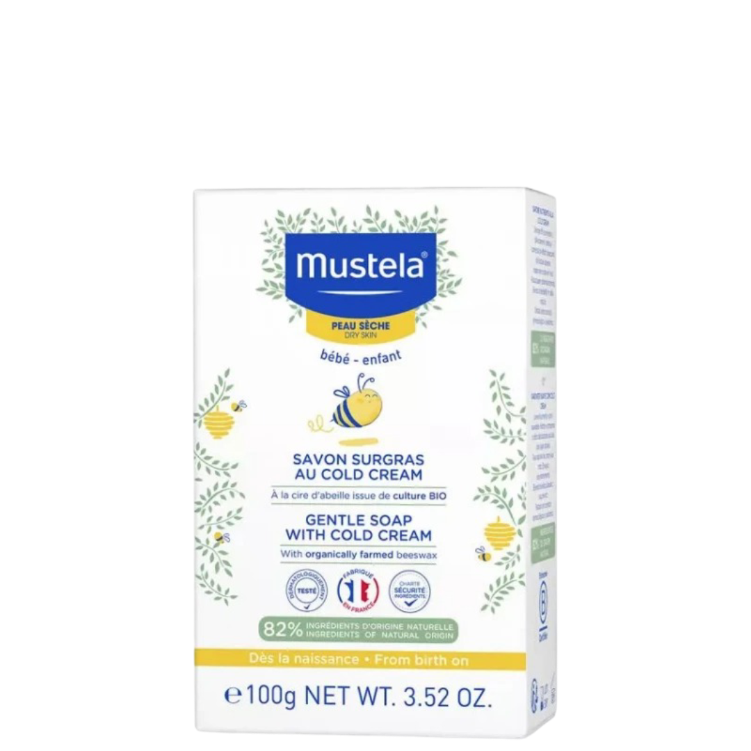 Mustela Gentle Soap with Cold Cream 100g for sensitive baby skin, enriched with organic beeswax. Ideal baby wash for face and body from birth.