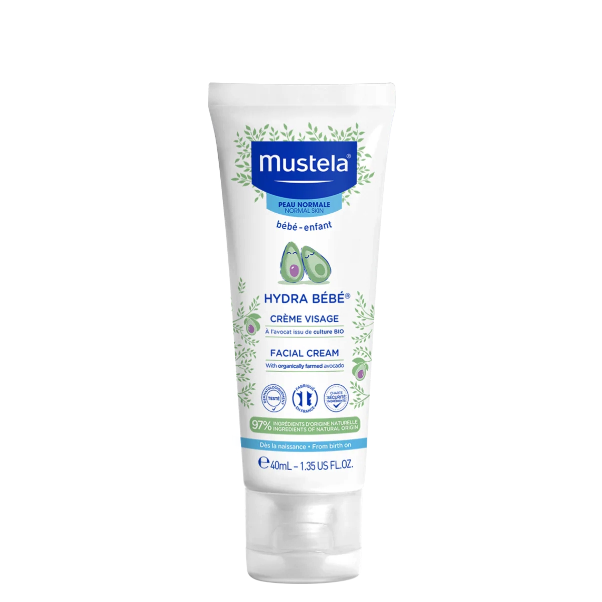 Mustela Hydra Bebe Facial Cream 40 ml baby moisturizer with avocado extract for sensitive skin, ideal for newborn care and daily hydration.