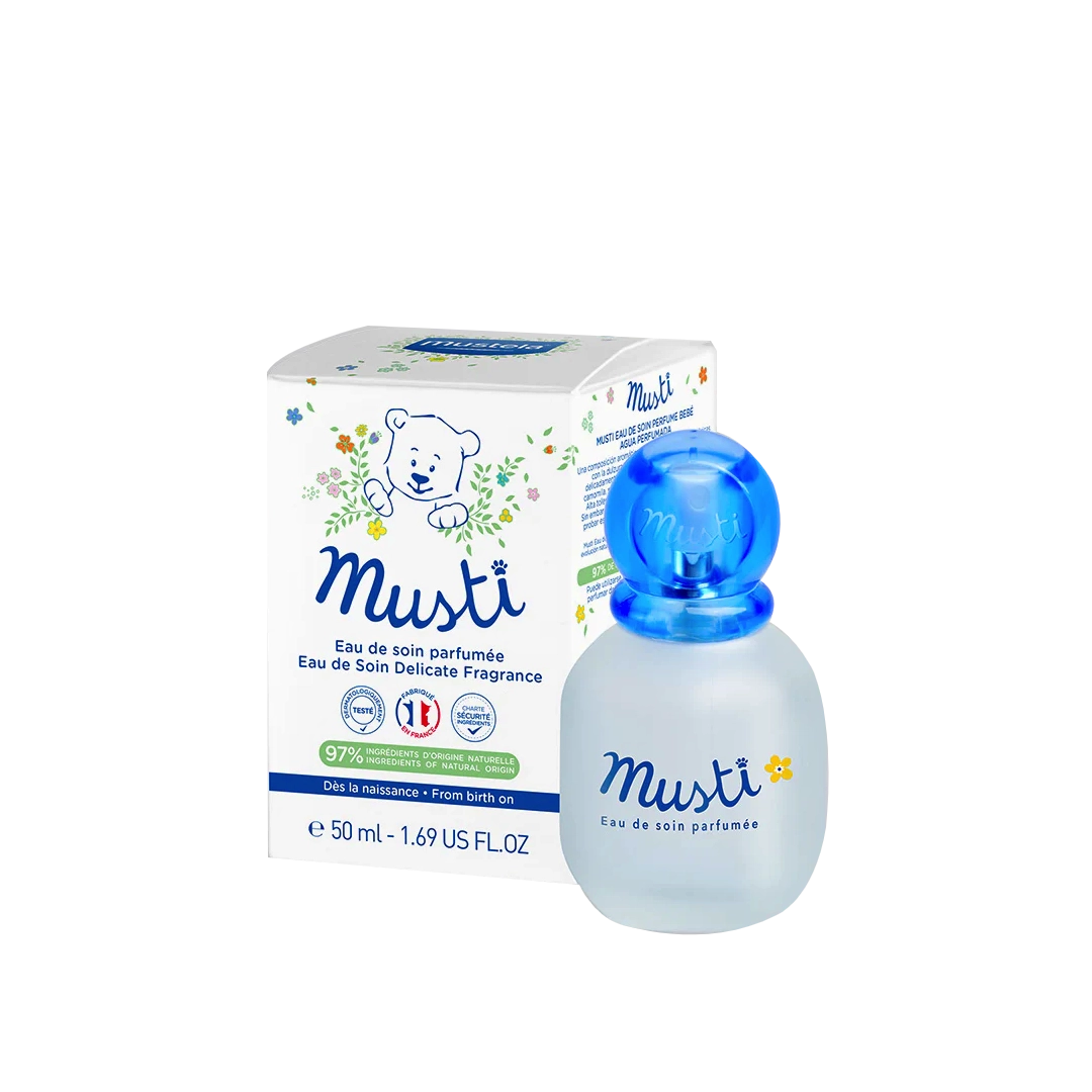 Mustela Musti Baby Perfume 50 ml with box, featuring a gentle fragrance safe for babies with fresh citrus, rose, and lilac notes.