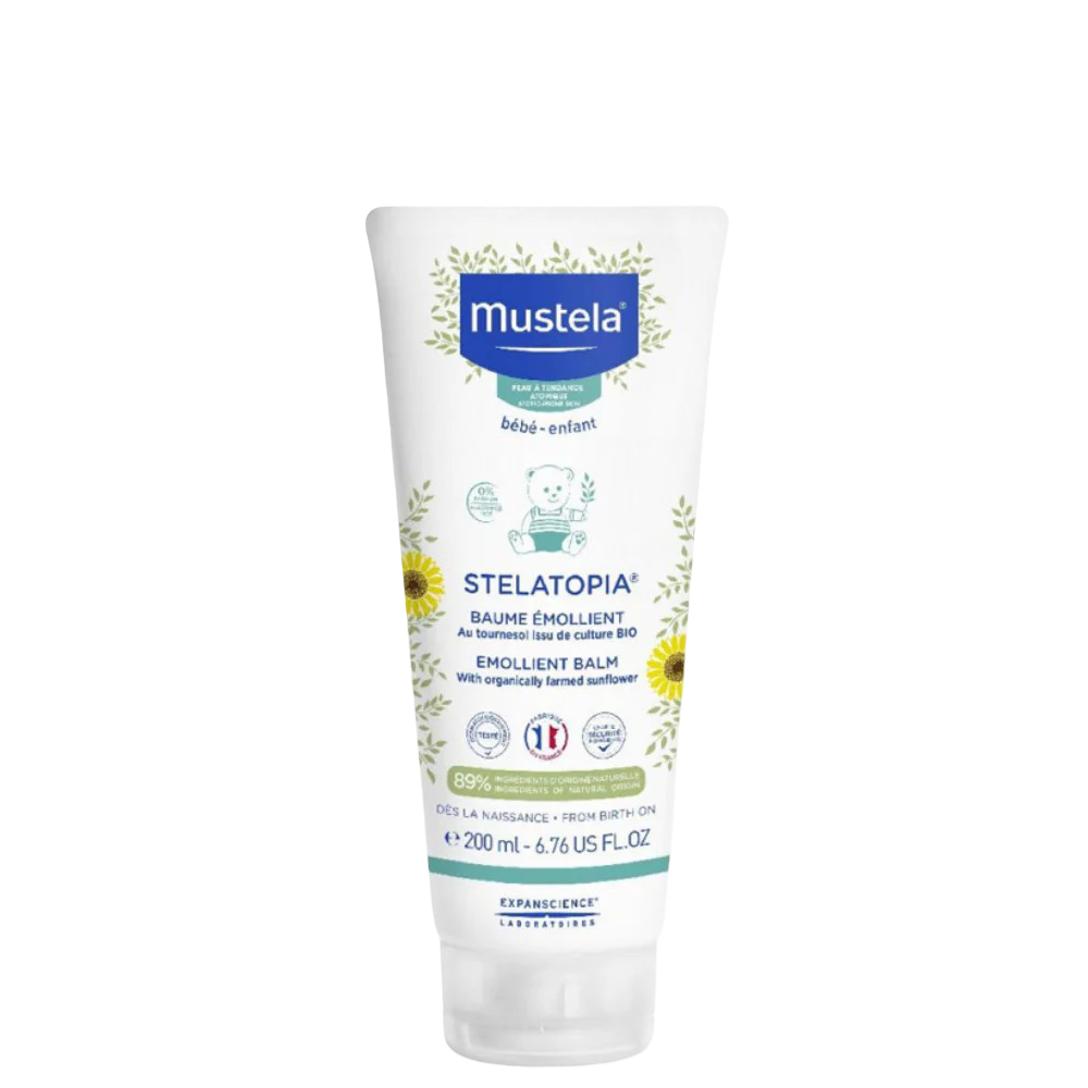 Mustela Stelatopia Emollient Balm 200 ml for babies with very dry, sensitive skin. Provides soothing hydration for face and body from birth.