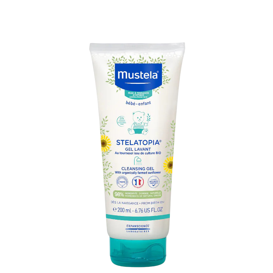 Mustela Stelatopia Wash - Baby Dry Skin Care 200ml cleansing gel with organic sunflower, ideal for newborns with dry, sensitive skin.