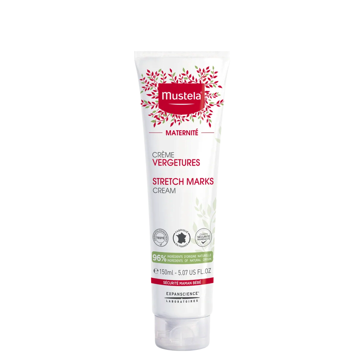 Mustela Stretch Marks Cream - Prevention Cream 150ml tube for pregnancy care, designed to moisturize and reduce stretch marks on belly and thighs.
