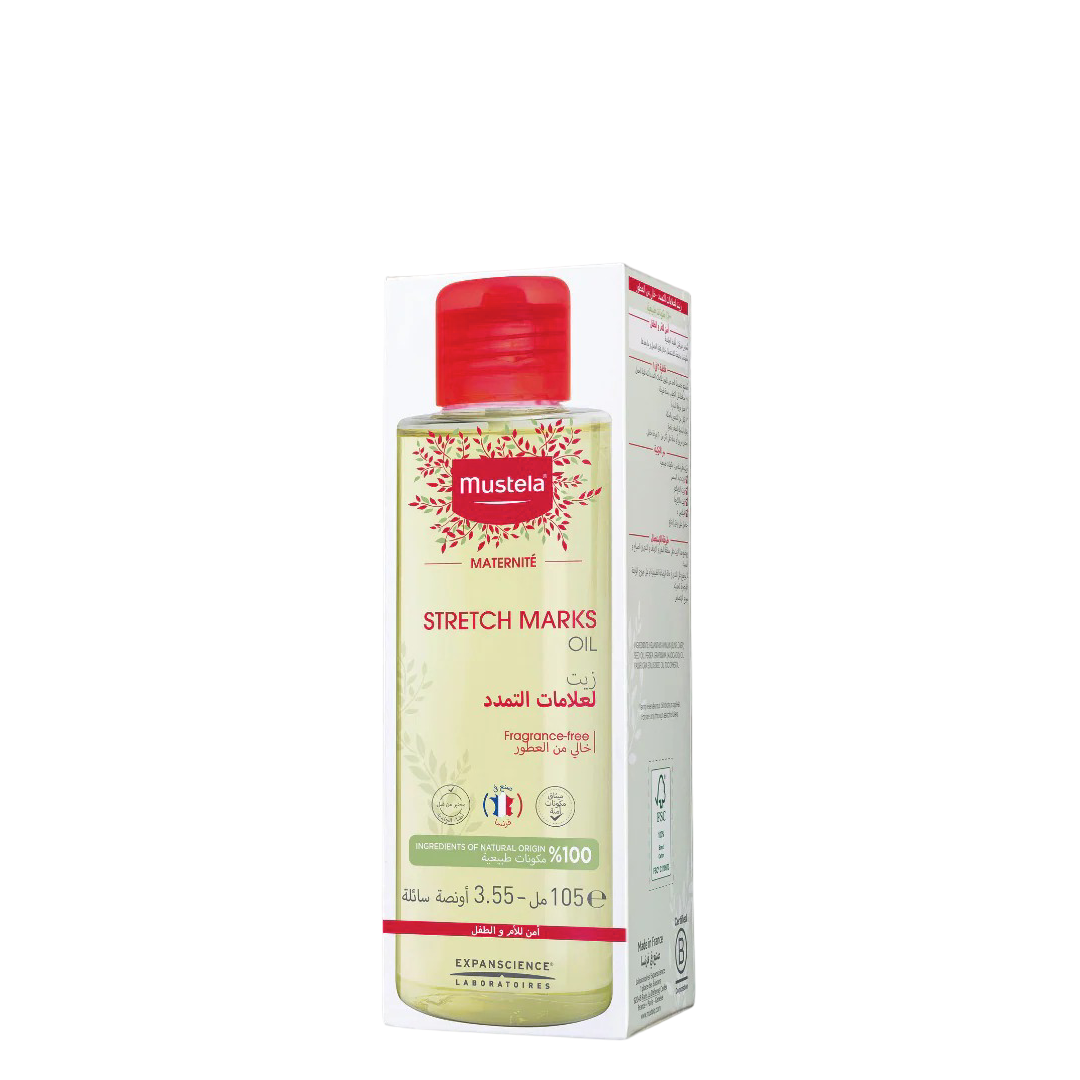 Mustela Oil 105ml - Pregnancy Stretch Mark care with 100% natural ingredients, ideal for hydrating belly and thighs during maternity skincare.