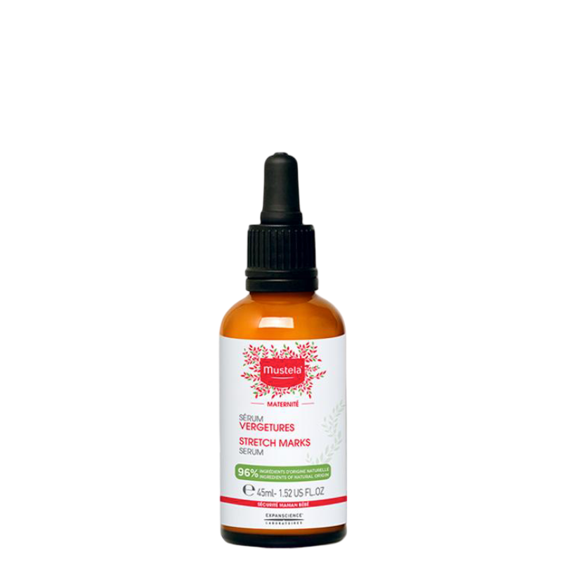 Mustela Stretch Marks Serum 45 ml with dropper, designed for targeted action on stretch marks. Safe for pregnancy and ideal for daily body care.