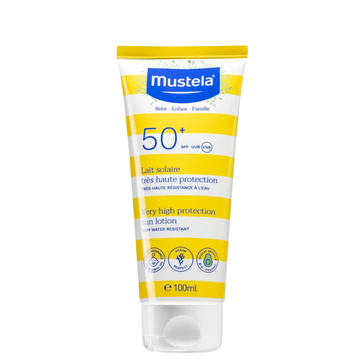Mustela Sunscreen Lotion SPF50 - Baby Protection with UVA UVB resistance in 100ml tube. Water-resistant, fragrance-free baby sunblock for sensitive skin.