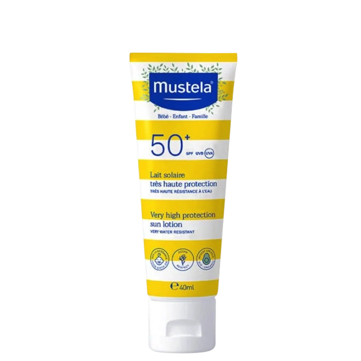 Mustela Sunscreen Lotion SPF50 for babies, 40ml tube with UVA/UVB protection. Water-resistant and fragrance-free baby sun care product.