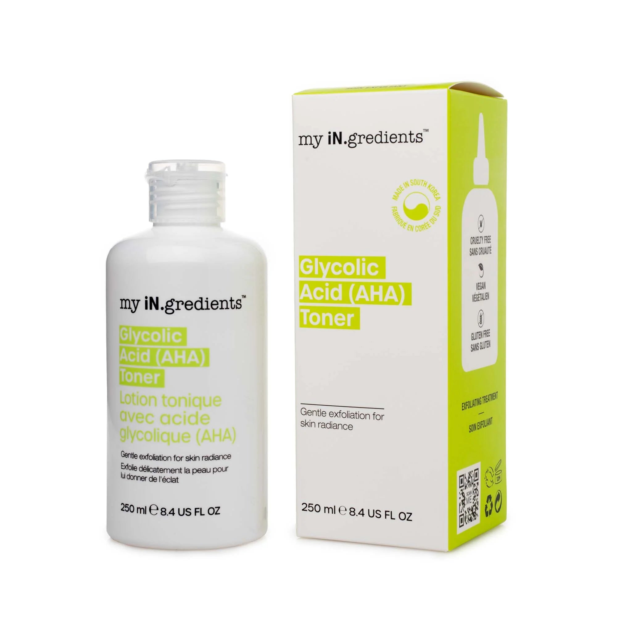 My iN.gredients Glycolic Acid Toner bottle and box side by side, showcasing product branding and packaging for skincare exfoliation routine.