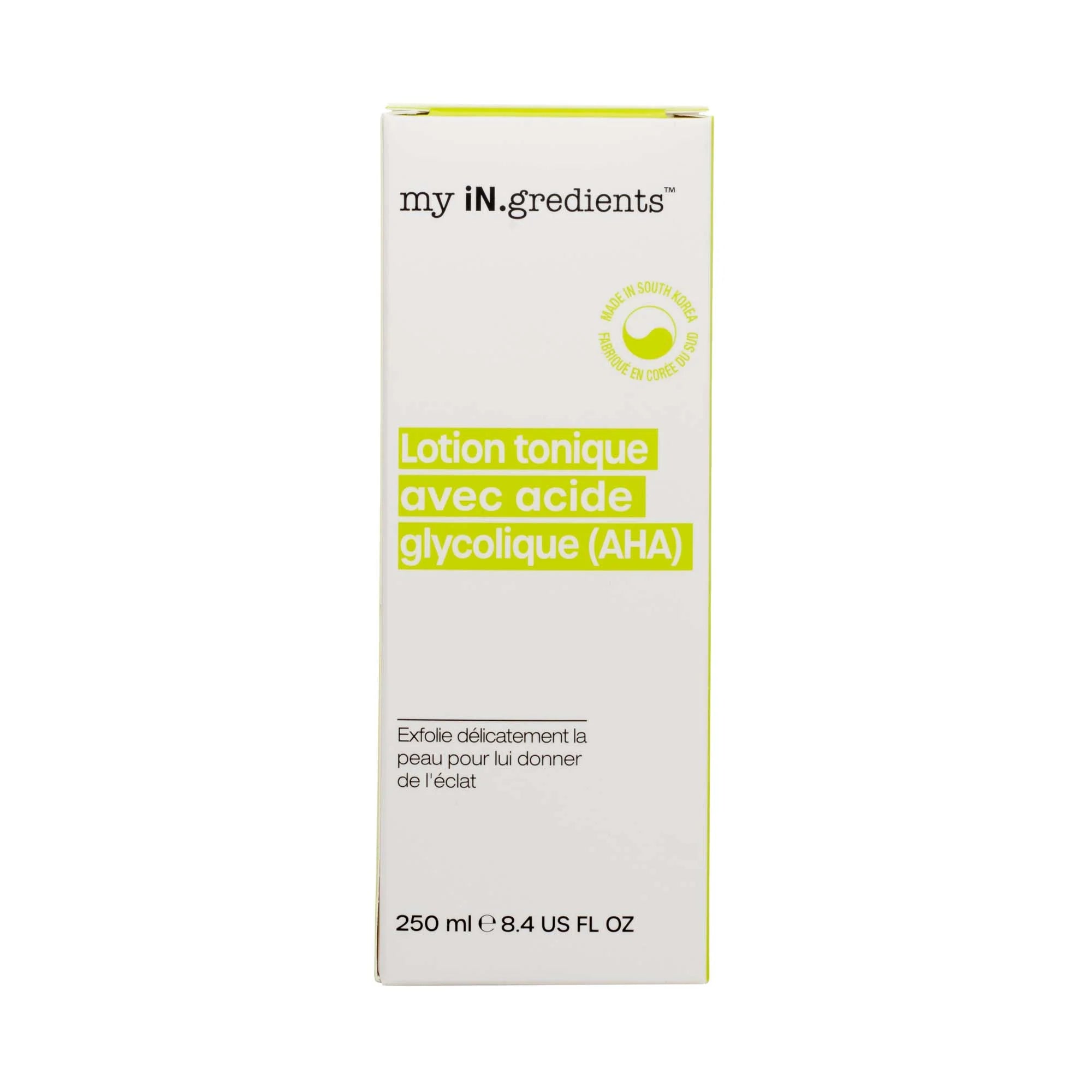 Front view of My iN.gredients Glycolic Acid Toner packaging box in white and lime green, emphasizing exfoliating benefits and 250 ml size.