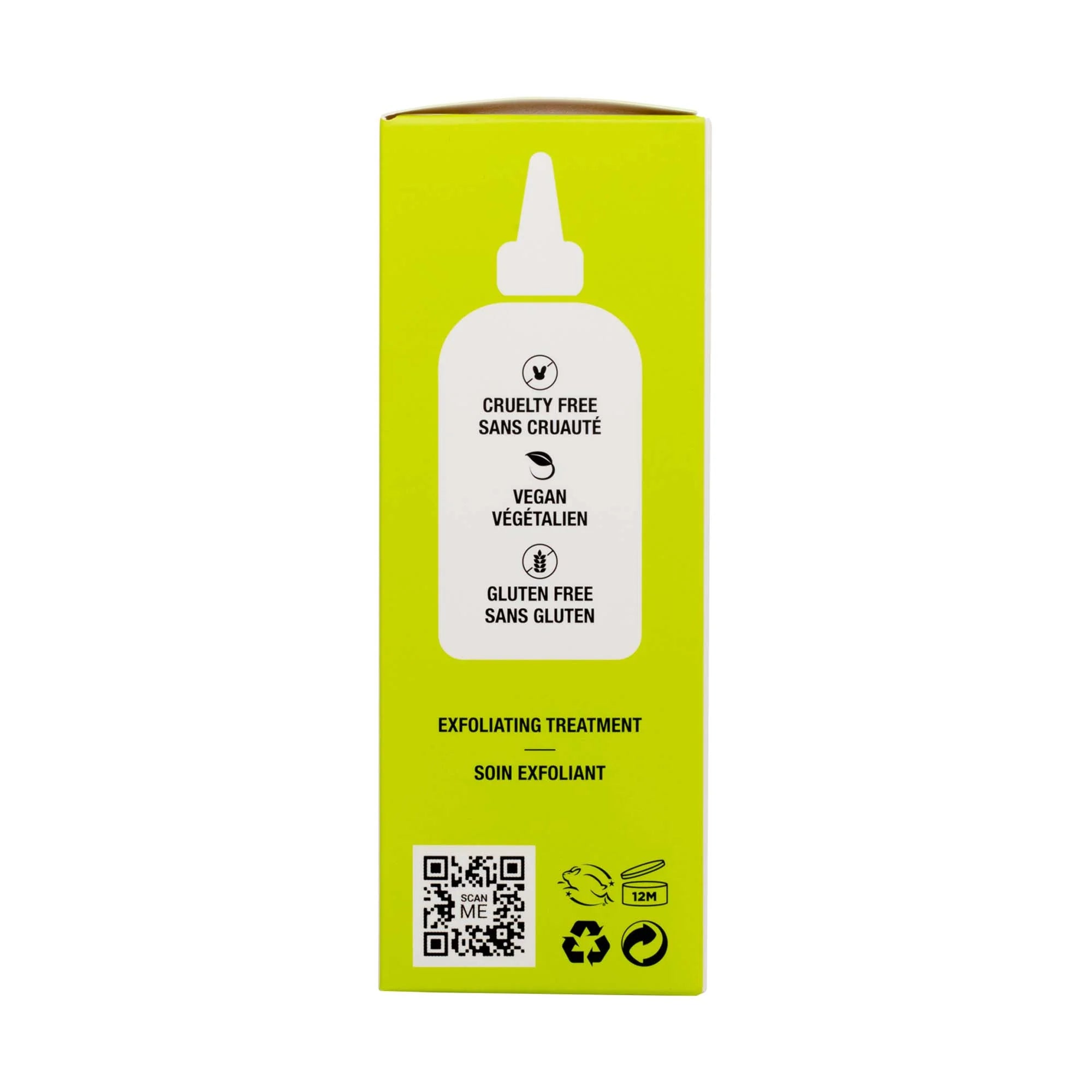 Side of My iN.gredients Glycolic Acid Toner box highlighting cruelty-free, vegan, and gluten-free certifications with QR code and usage icons.