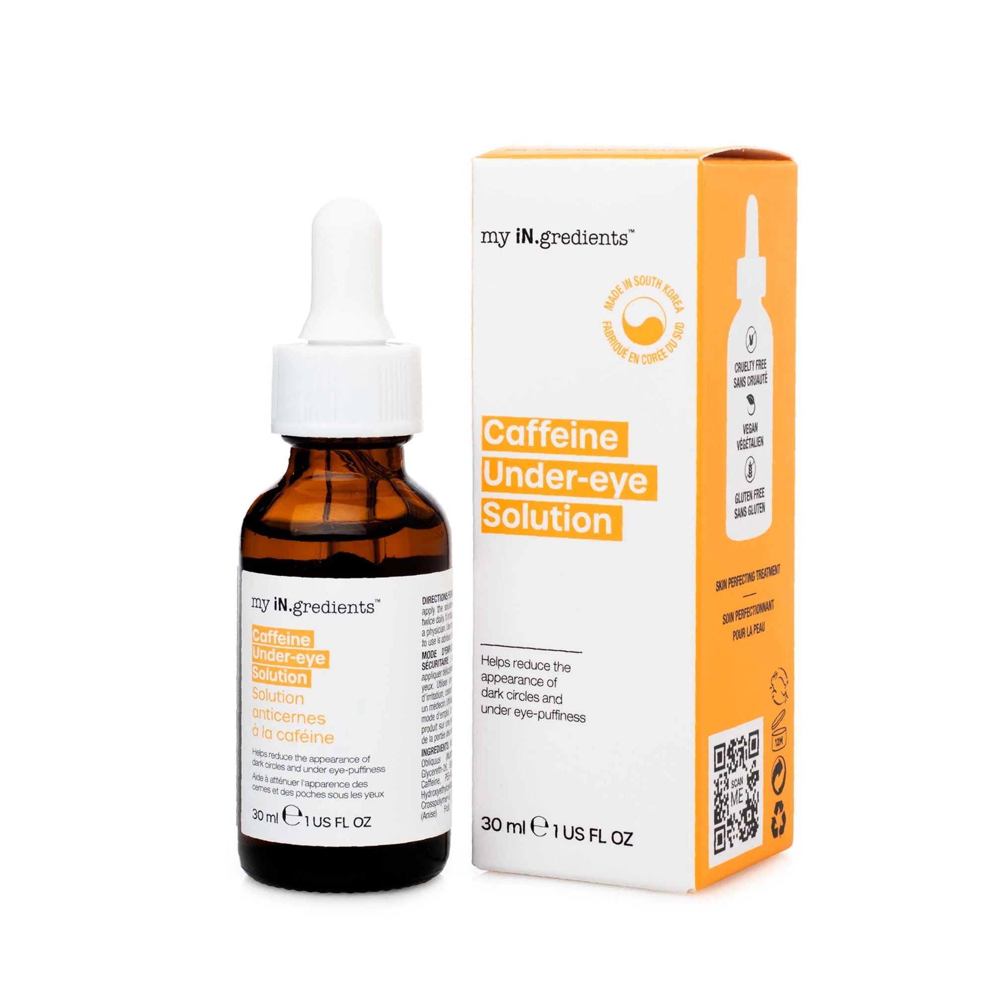 iN.gredients Caffeine Under-Eye Solution 30 ml bottle with outer packaging, designed to reduce puffiness and brighten under-eye skin.
