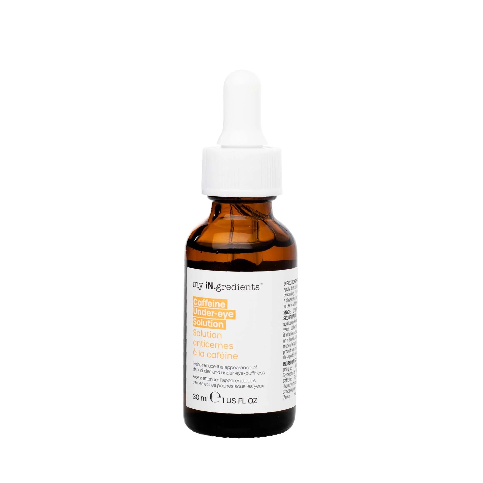 iN.gredients Caffeine Under-Eye Solution 30 ml in amber dropper bottle for reducing puffiness and dark circles. Ideal for all skin types.