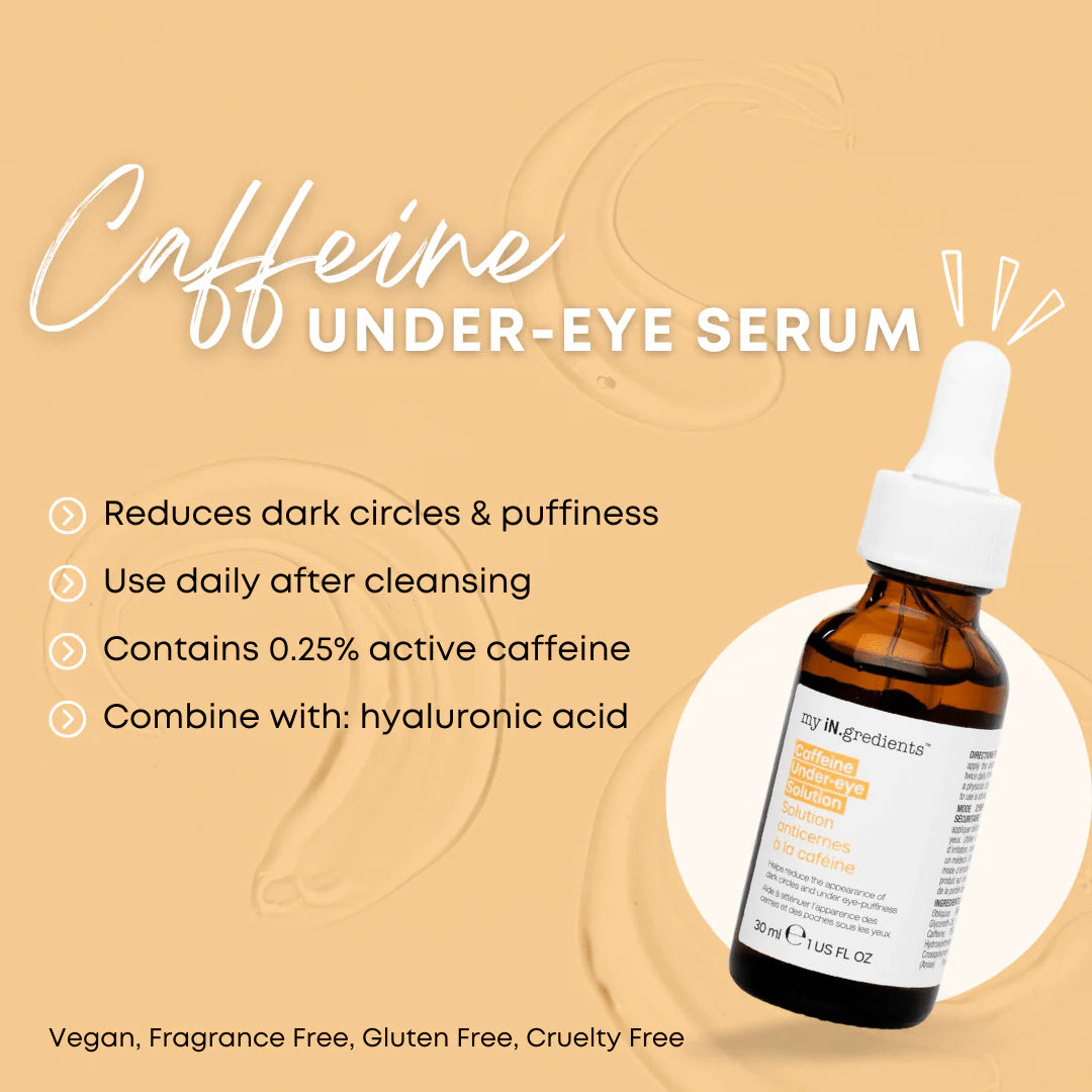 iN.gredients Caffeine Under-Eye Solution with benefits listed: reduces puffiness, dark circles, contains 0.25% caffeine. Vegan and cruelty-free.