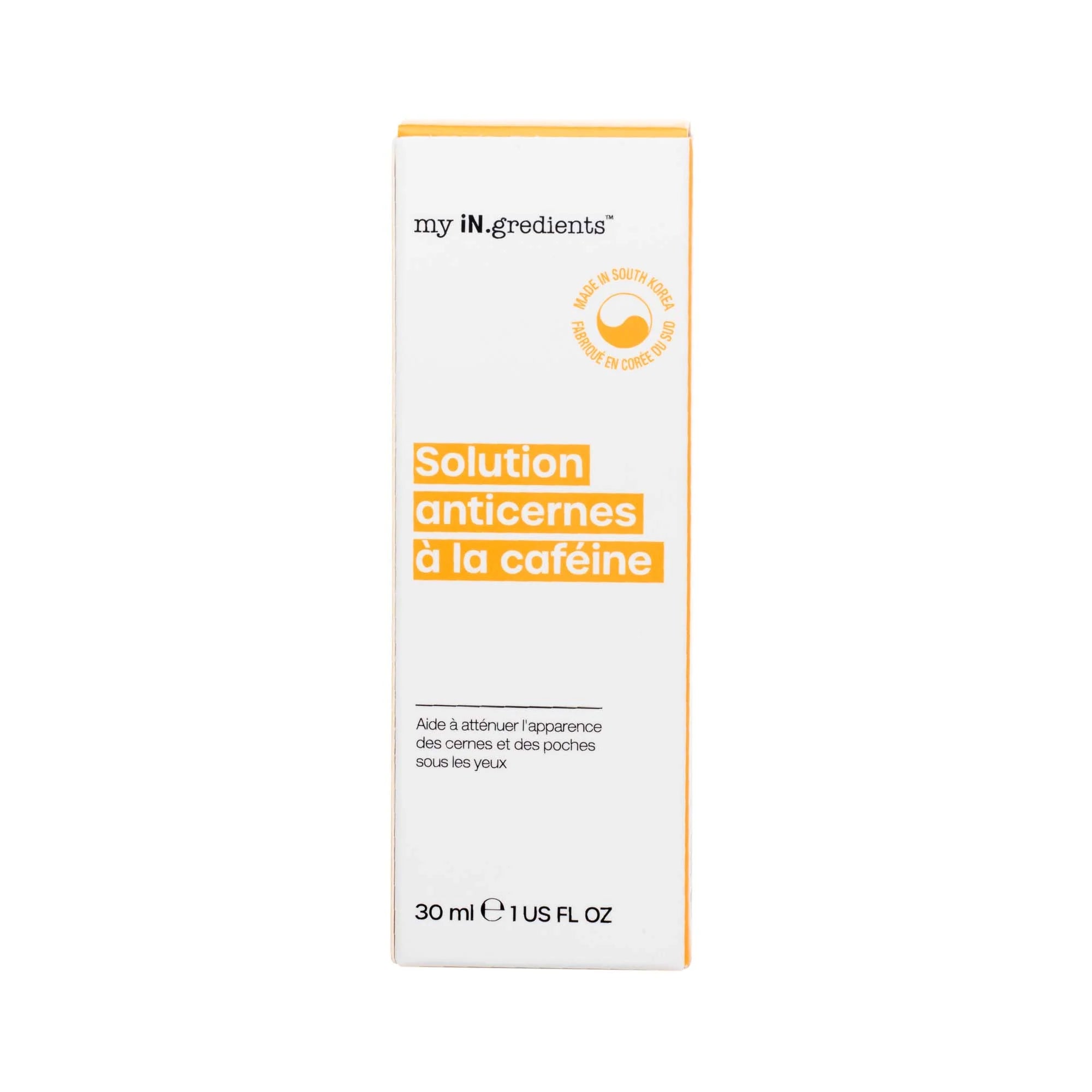 Front of iN.gredients Caffeine Under-Eye Solution box in French, highlighting 30 ml size and caffeine-based formula for eye care.