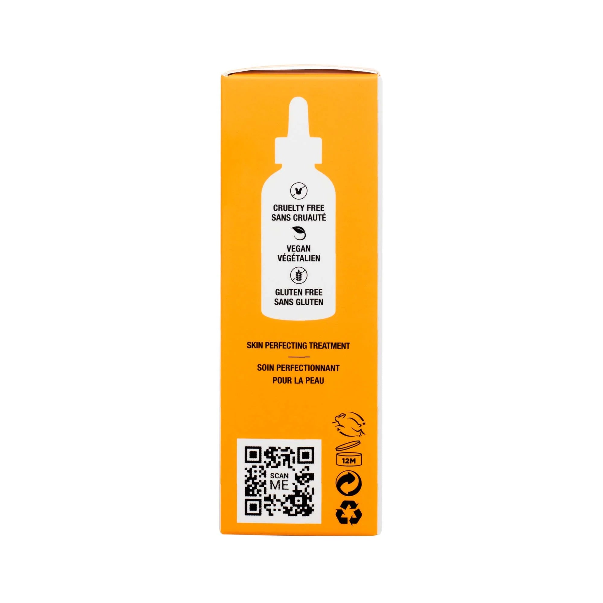 Side of iN.gredients Caffeine Under-Eye Solution box showing vegan, gluten-free, cruelty-free icons and recyclable packaging.