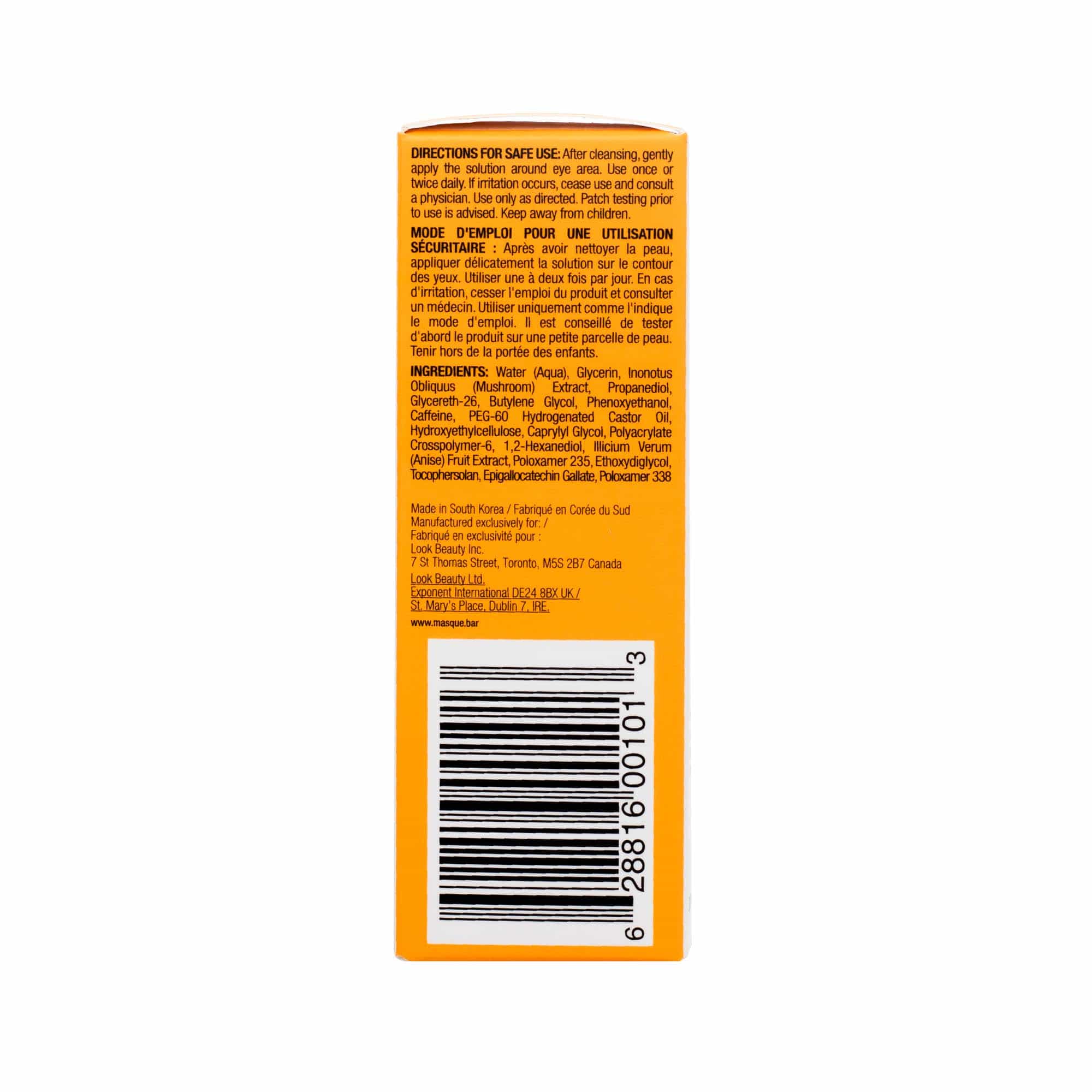 Back of iN.gredients Caffeine Under-Eye Solution box with directions, ingredients including caffeine and EGCG, and barcode.