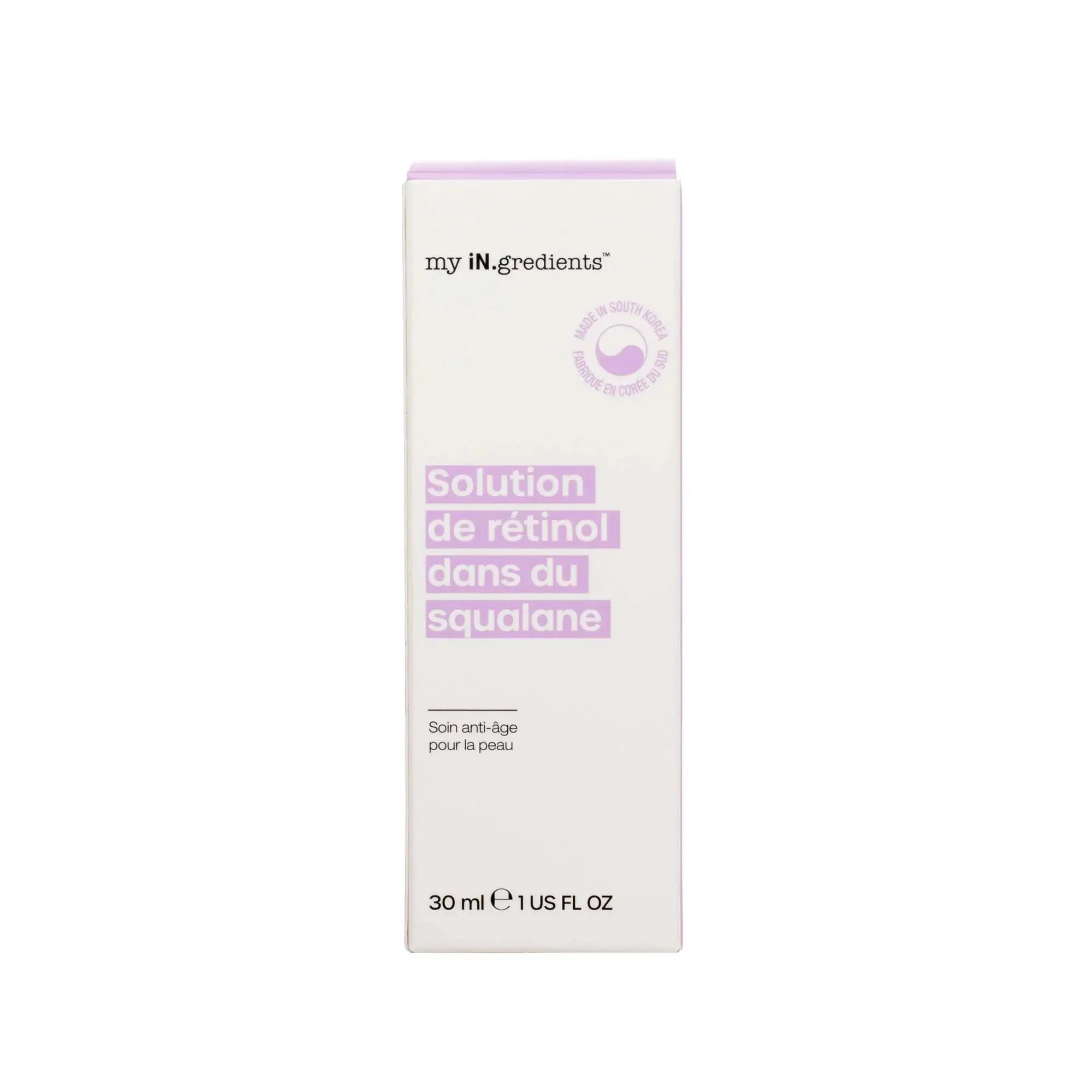 Front view of My iN.gredients Retinol in Squalane Solution box, 30ml anti-aging facial serum for sensitive and blemished skin.