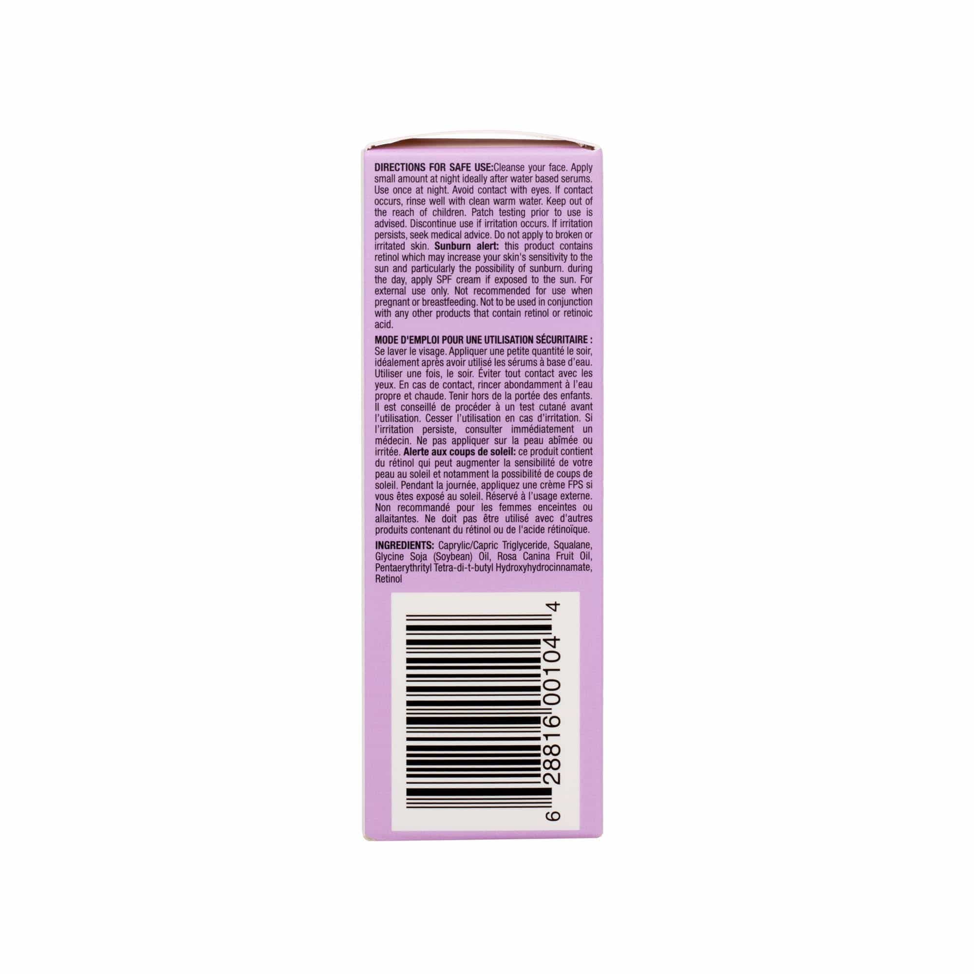 Back of My iN.gredients Retinol in Squalane Solution box showing directions, ingredients, and barcode for skincare product.