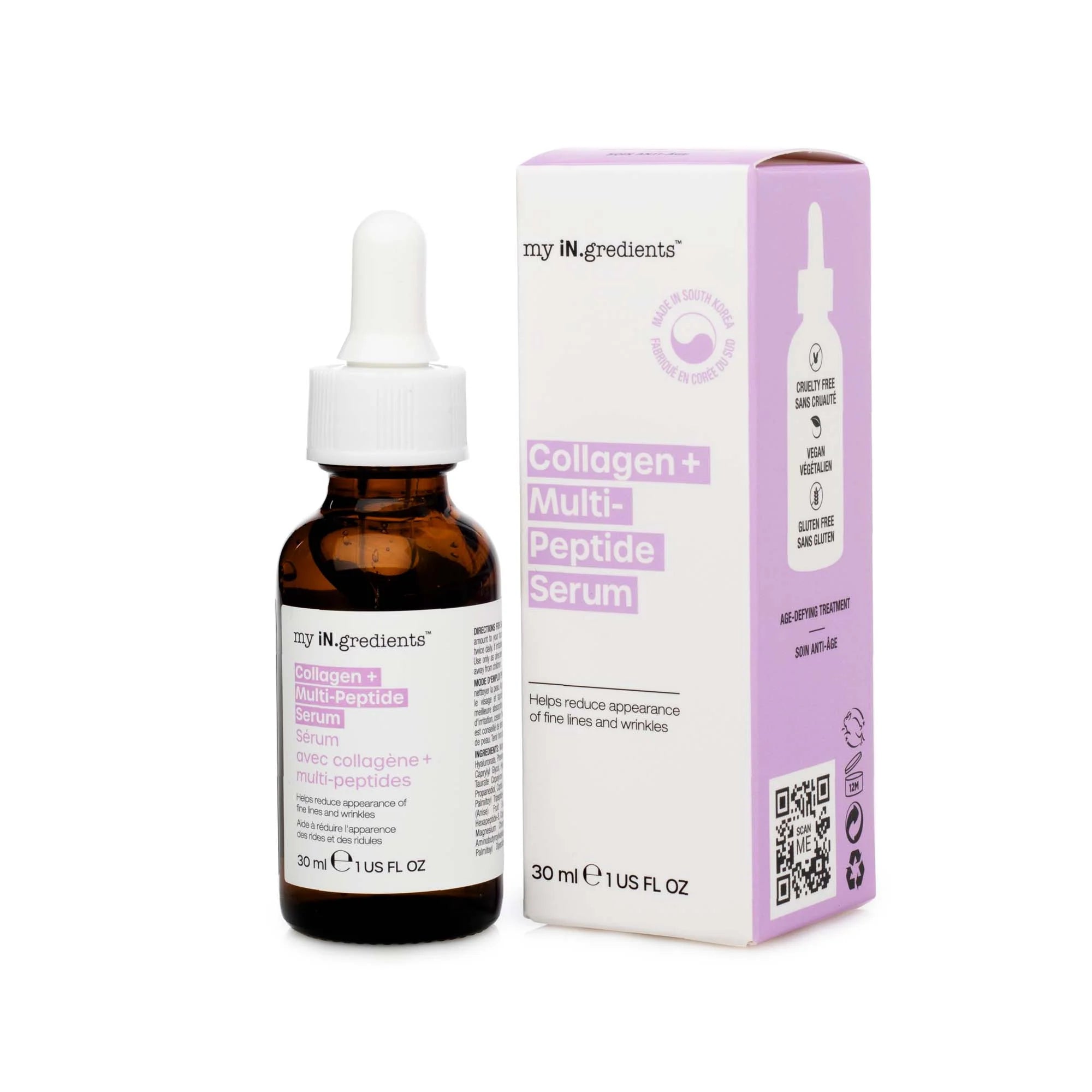 My iN.gredients Collagen + Multi-Peptide Serum 30 ml bottle and box set, anti-aging facial serum for brightening and firming all skin types.