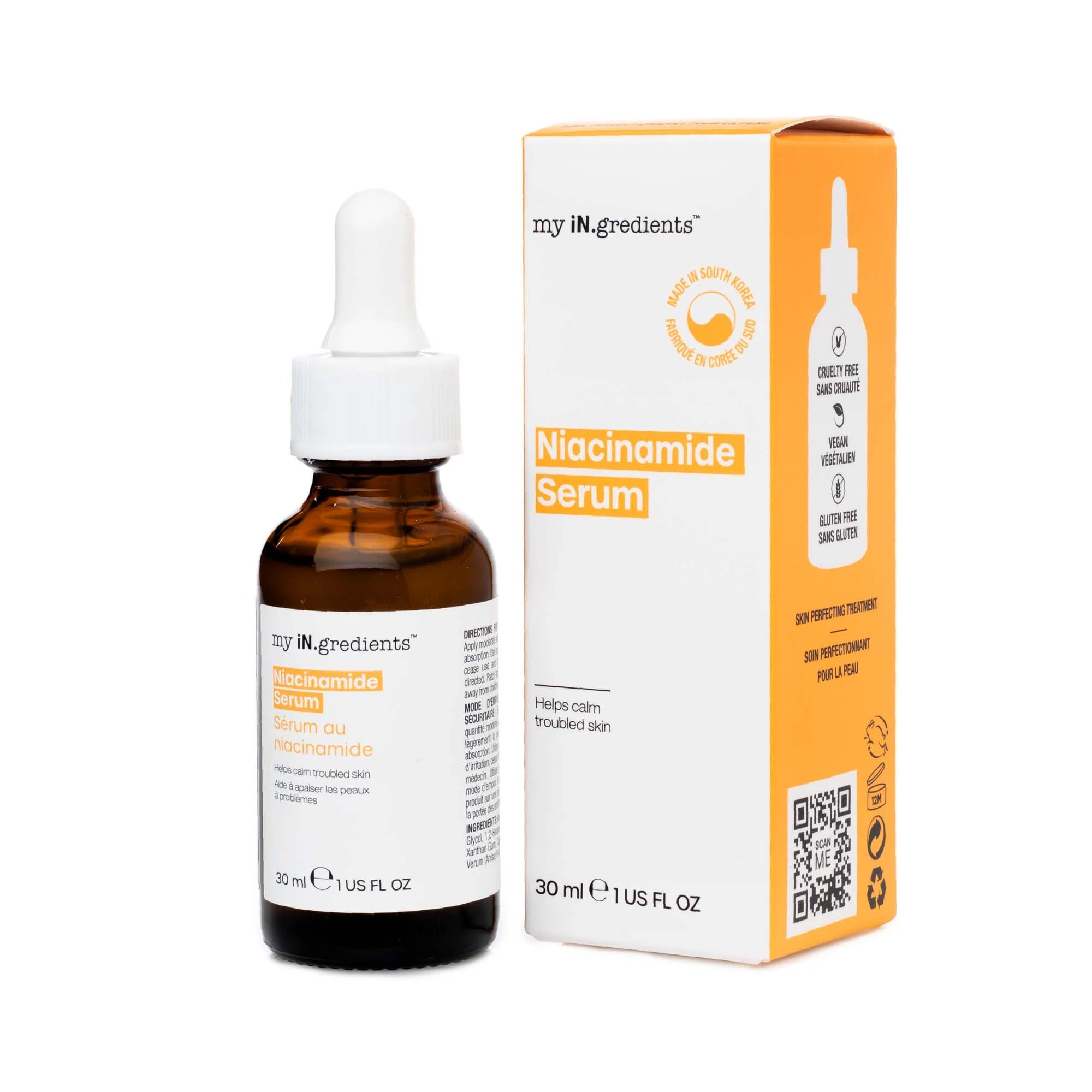 My iN.gredients Niacinamide Serum 30 ml bottle and box set, perfect for refining skin texture and calming irritation.