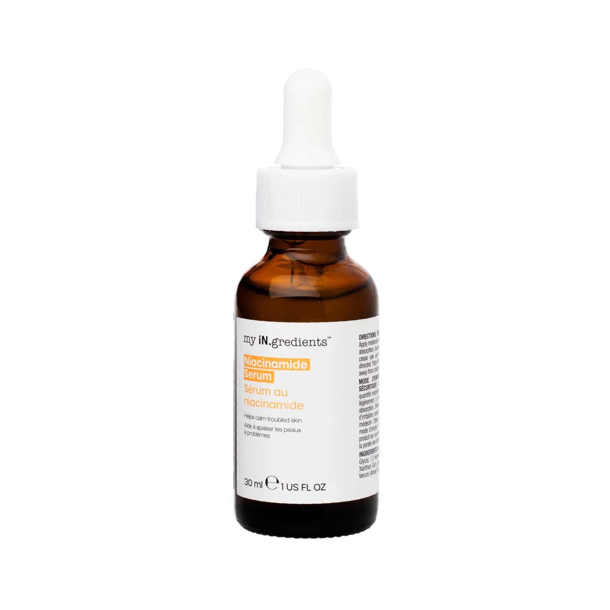 My iN.gredients Niacinamide Serum 30 ml bottle with white dropper cap, designed to improve skin tone and reduce fine lines.