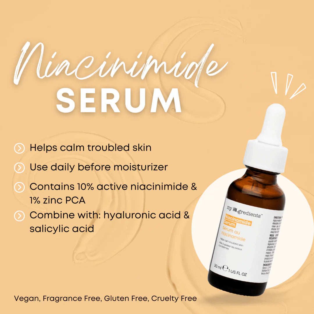 Promotional graphic for My iN.gredients Niacinamide Serum 30 ml highlighting benefits like calming skin, 10% niacinamide, and zinc PCA.