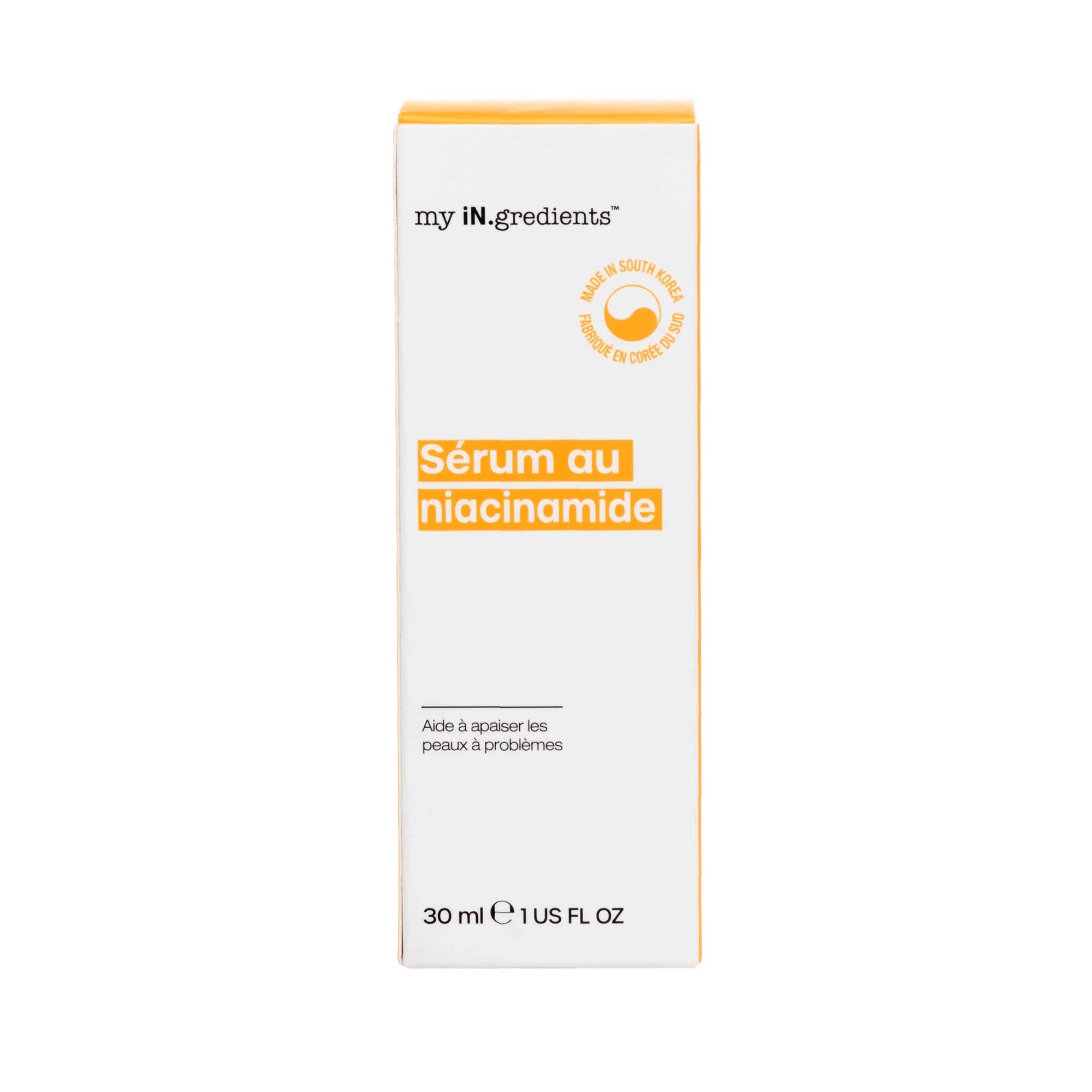 Front view of My iN.gredients Niacinamide Serum 30 ml box in white and orange, supporting sensitive and blemished skin.