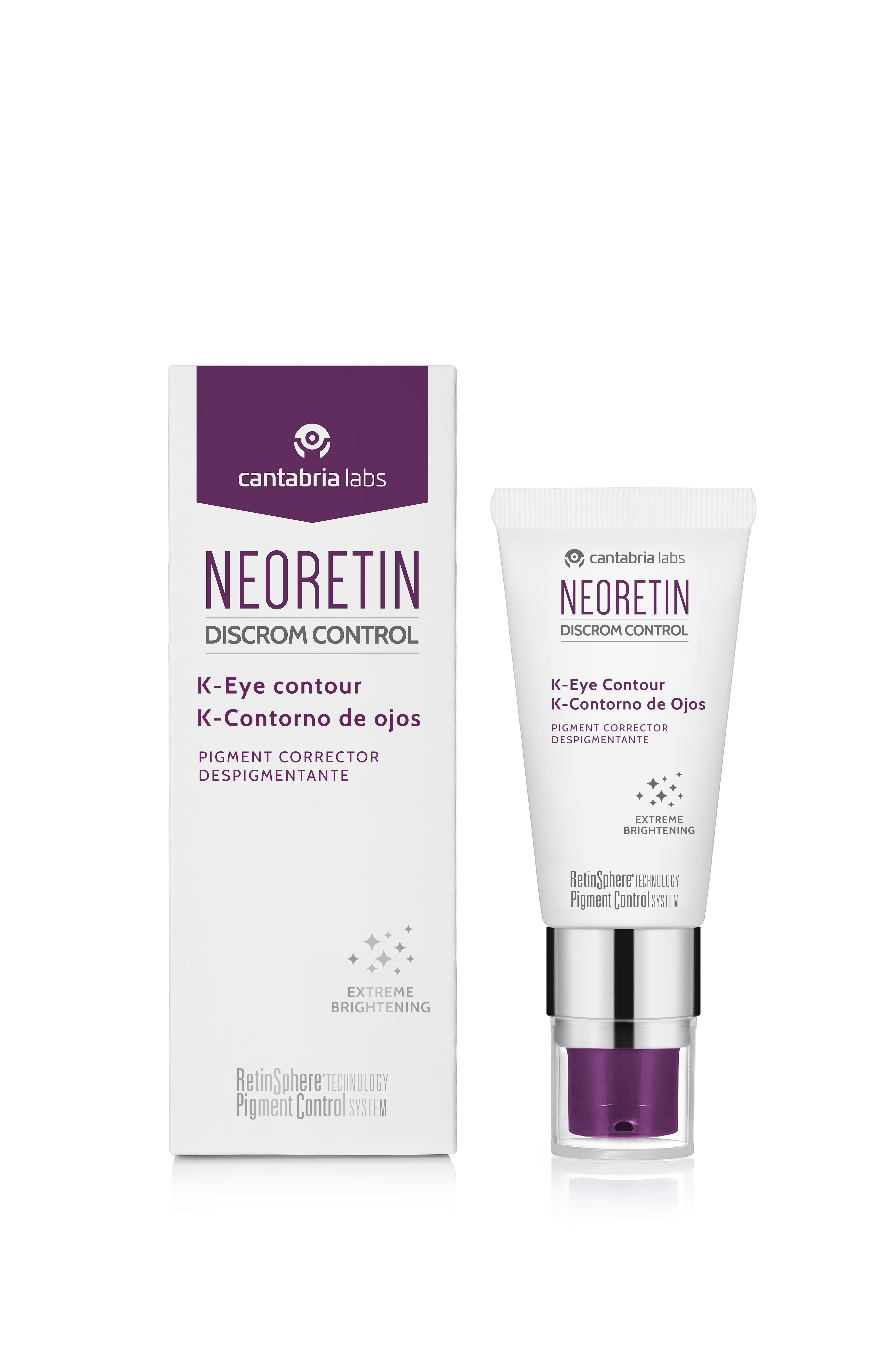 NEORETIN Discrom Control eye cream with box, designed for eye contour pigment correction and skin tone unification using RetinSphere technology.