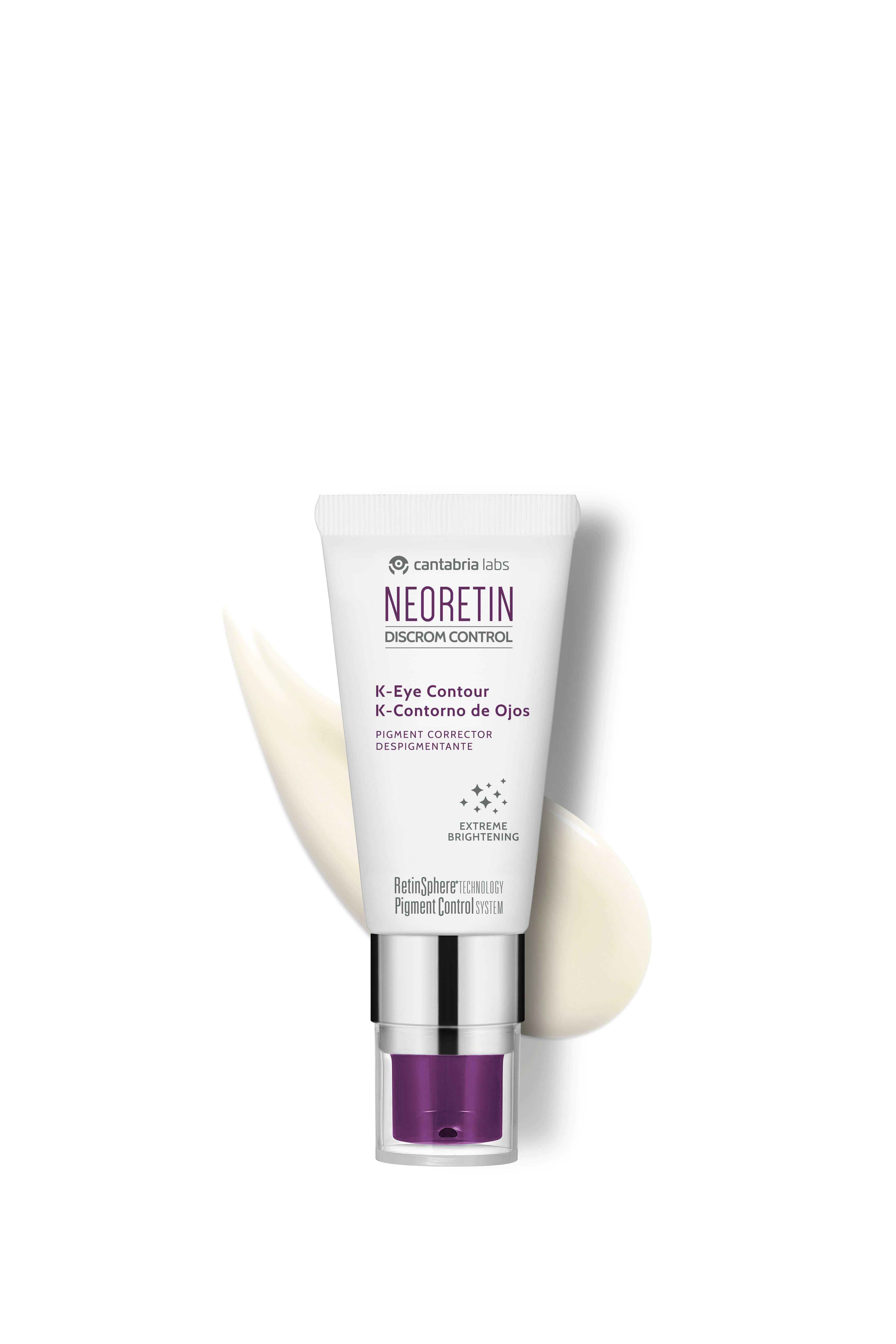 NEORETIN Discrom Control K-Eye Contour tube with cream texture, targeting hyperpigmentation, fine lines, and dark circles around the eyes.