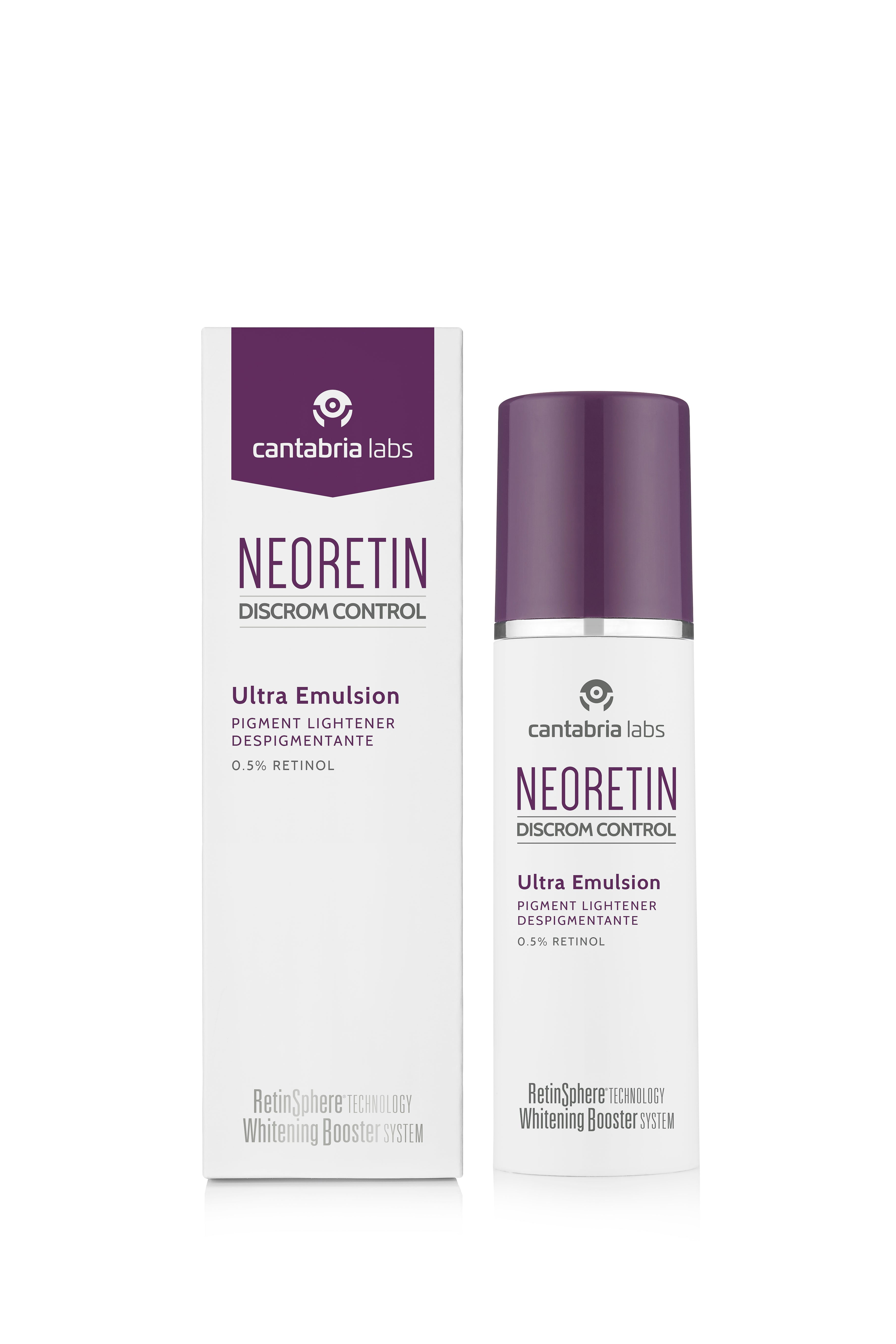 Neoretin Discrom Ultra Emulsion 30 ML with packaging box, depigmenting facial serum for all skin types targeting dark spots and hyperpigmentation.