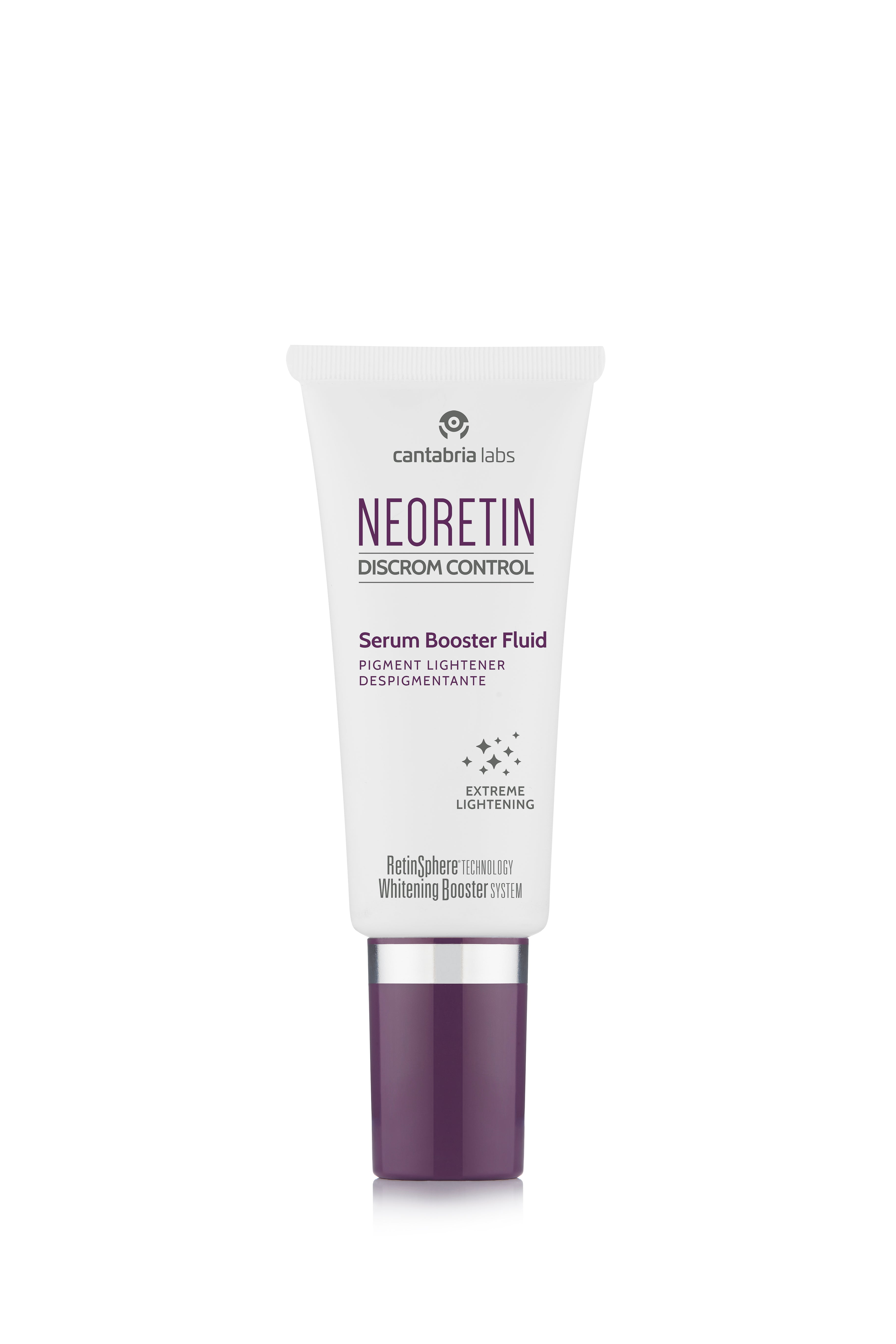 Neoretin Discrom Control Serum Booster Fluid 30ml tube with purple cap, designed for brightening and evening skin tone on all skin types.